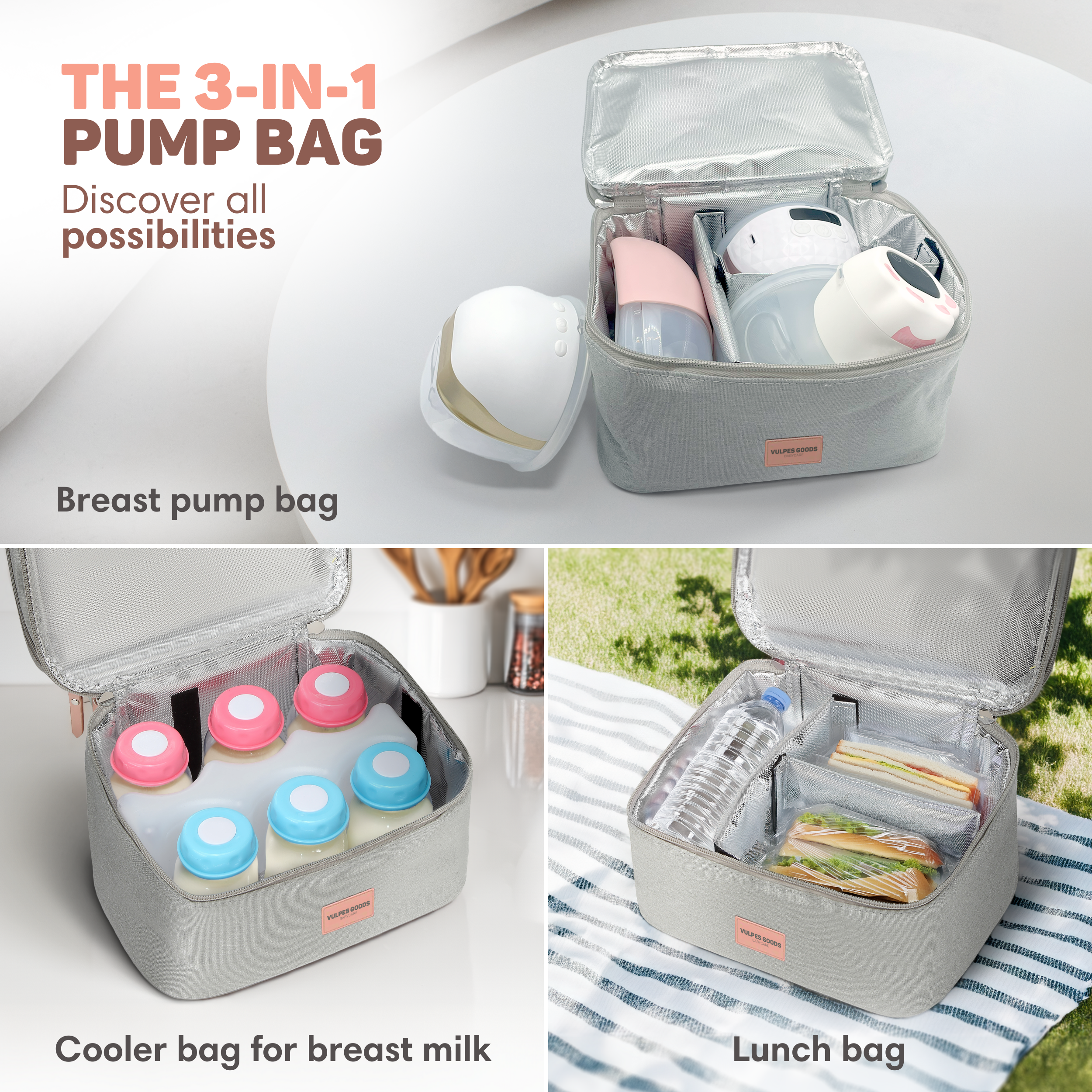 Collage shows a grey 3-in-1 bag: breast pump, milk bottles, and lunch.