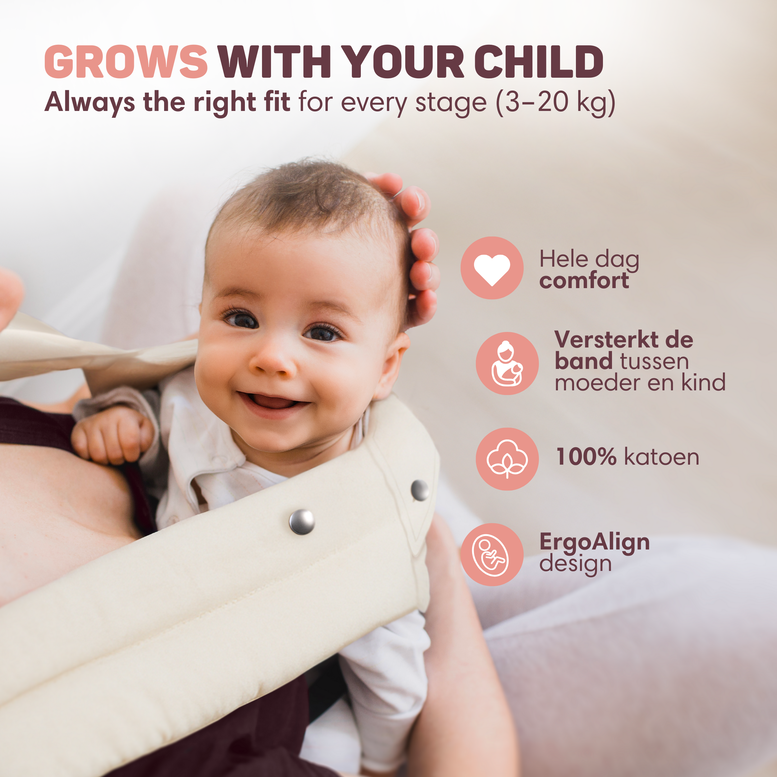 Een baby in een draagzak. Tekst: Groeit met uw kind mee.
