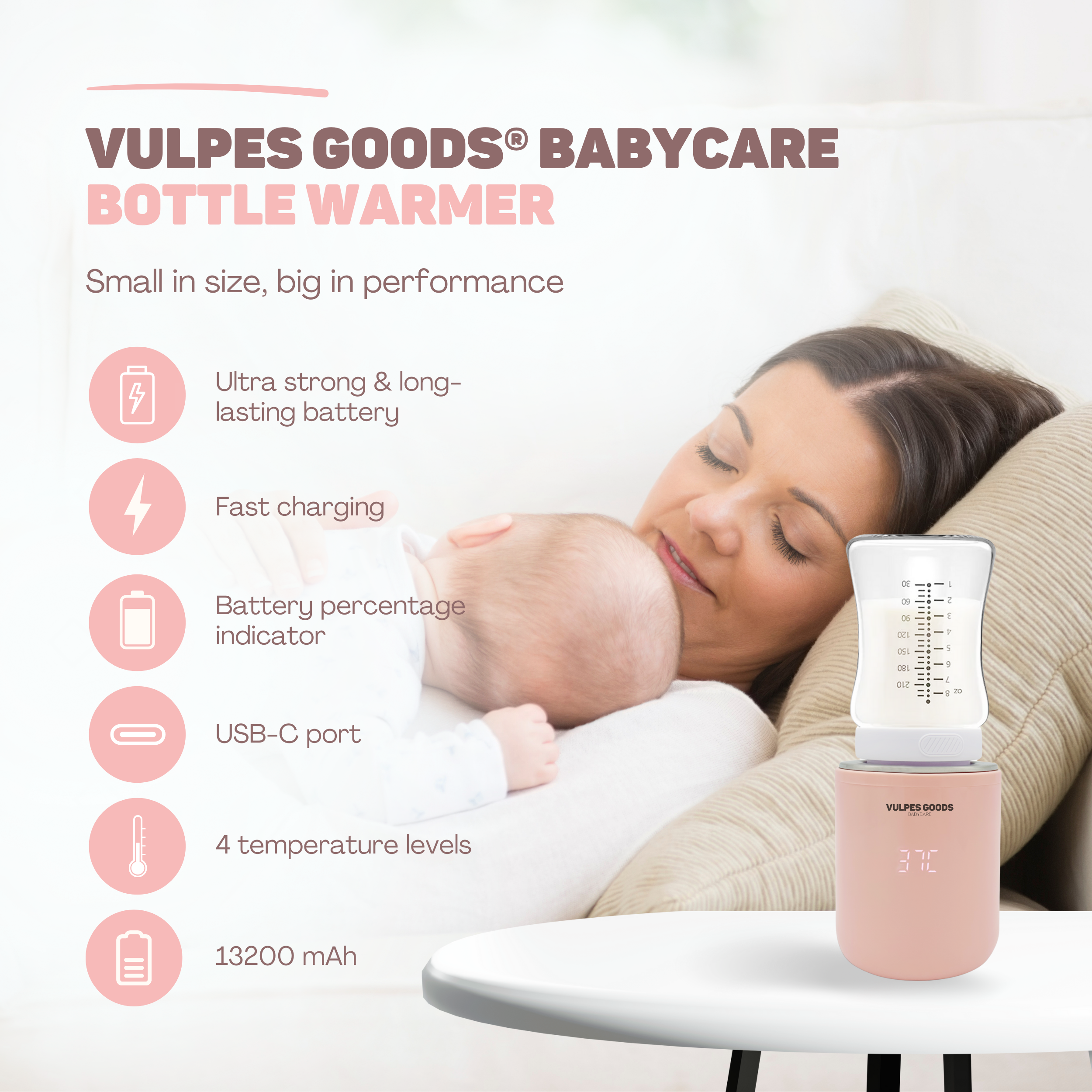 Babyflaschenwärmer mit Baby und Mutter, mit Funktionen wie langer Akkulaufzeit.