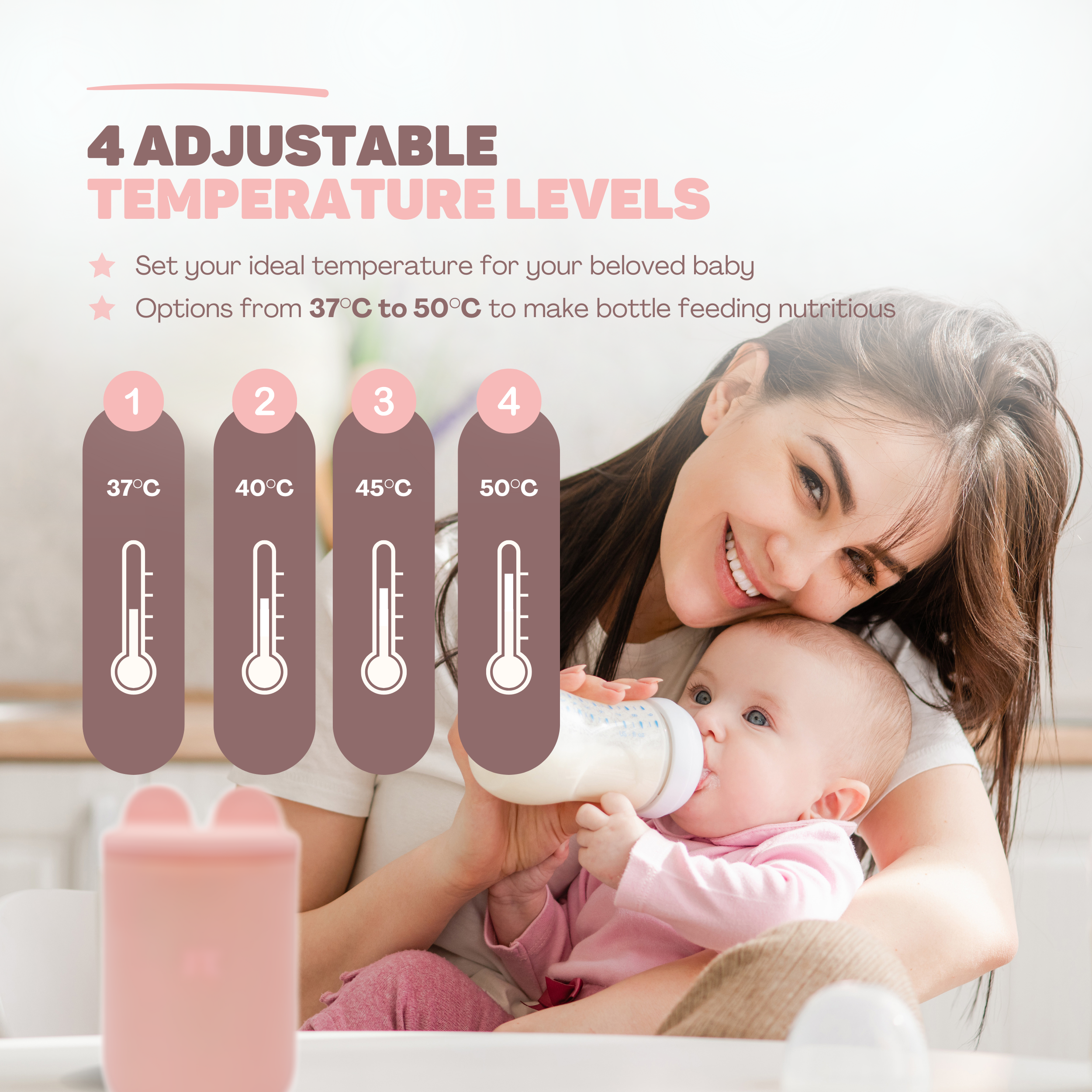 Mutter füttert Baby mit Flasche, 4 Temperatureinstellungen: 37-50°C.