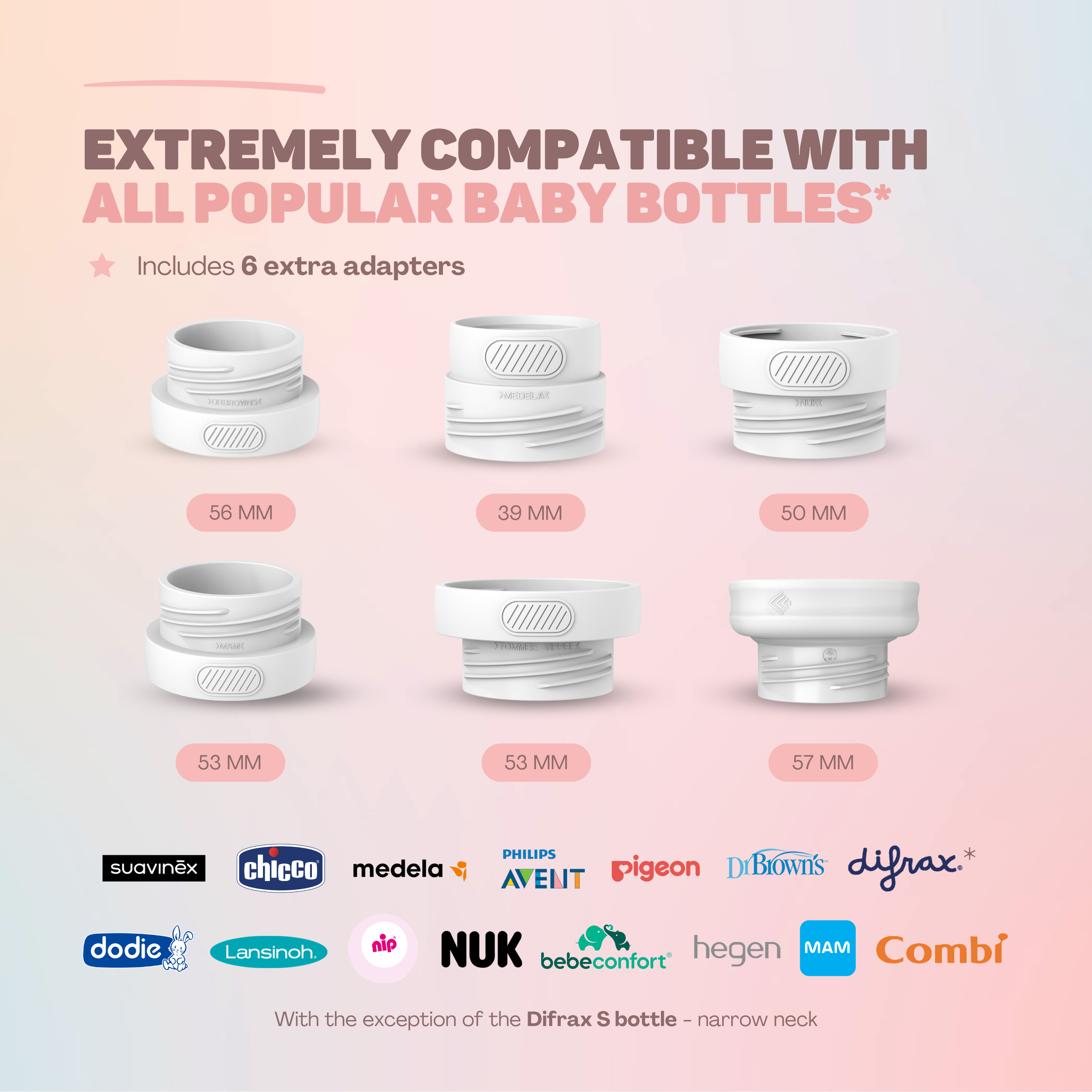 Sechs weiße Babyflaschenadapter mit Größenangaben und Markenlogos darunter.