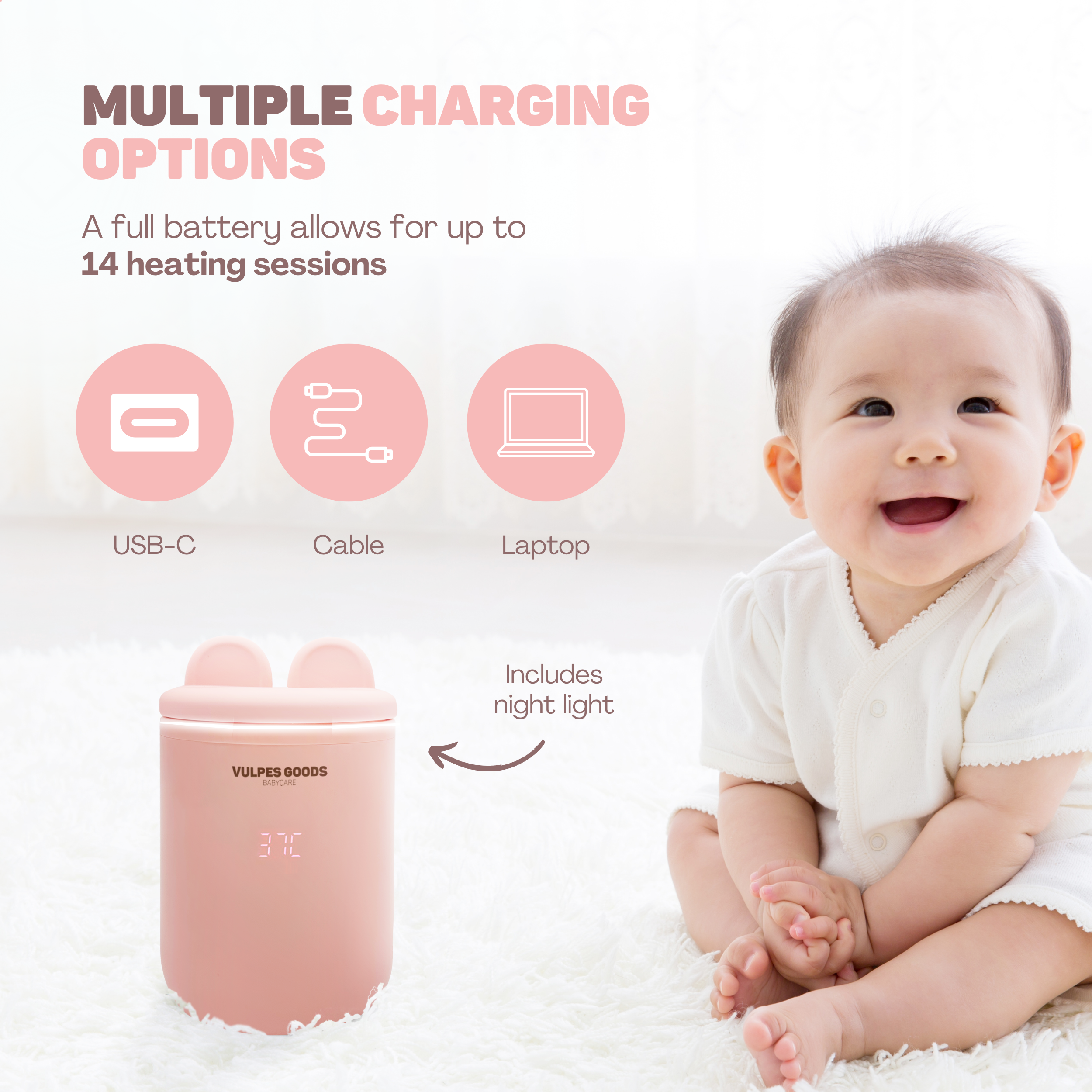 Ein rosafarbener Flaschenwärmer mit digitaler Anzeige neben einem lächelnden Baby.