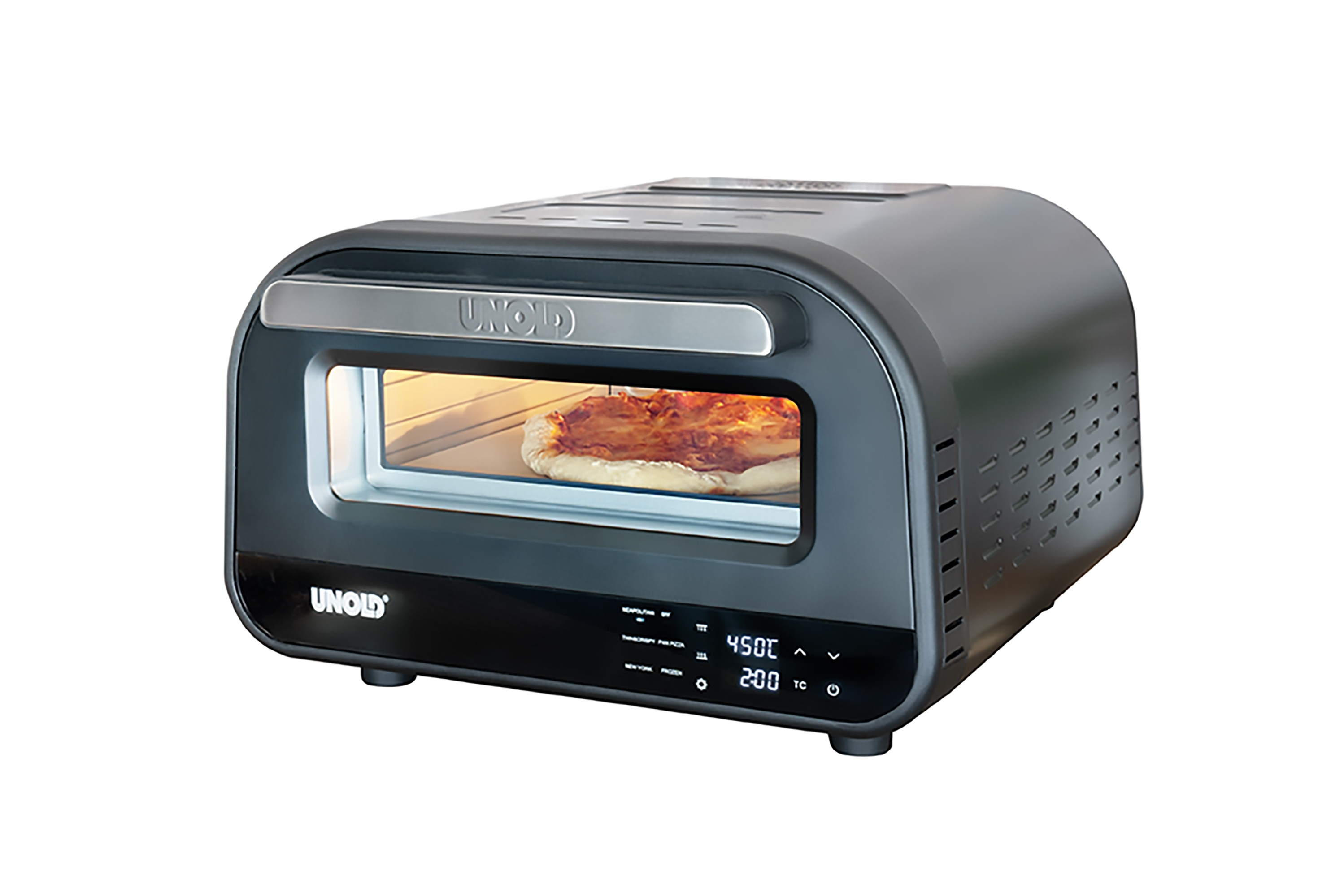 Ein schwarzer Toaster-Ofen mit einem Pizza im Inneren auf weißem Hintergrund.
