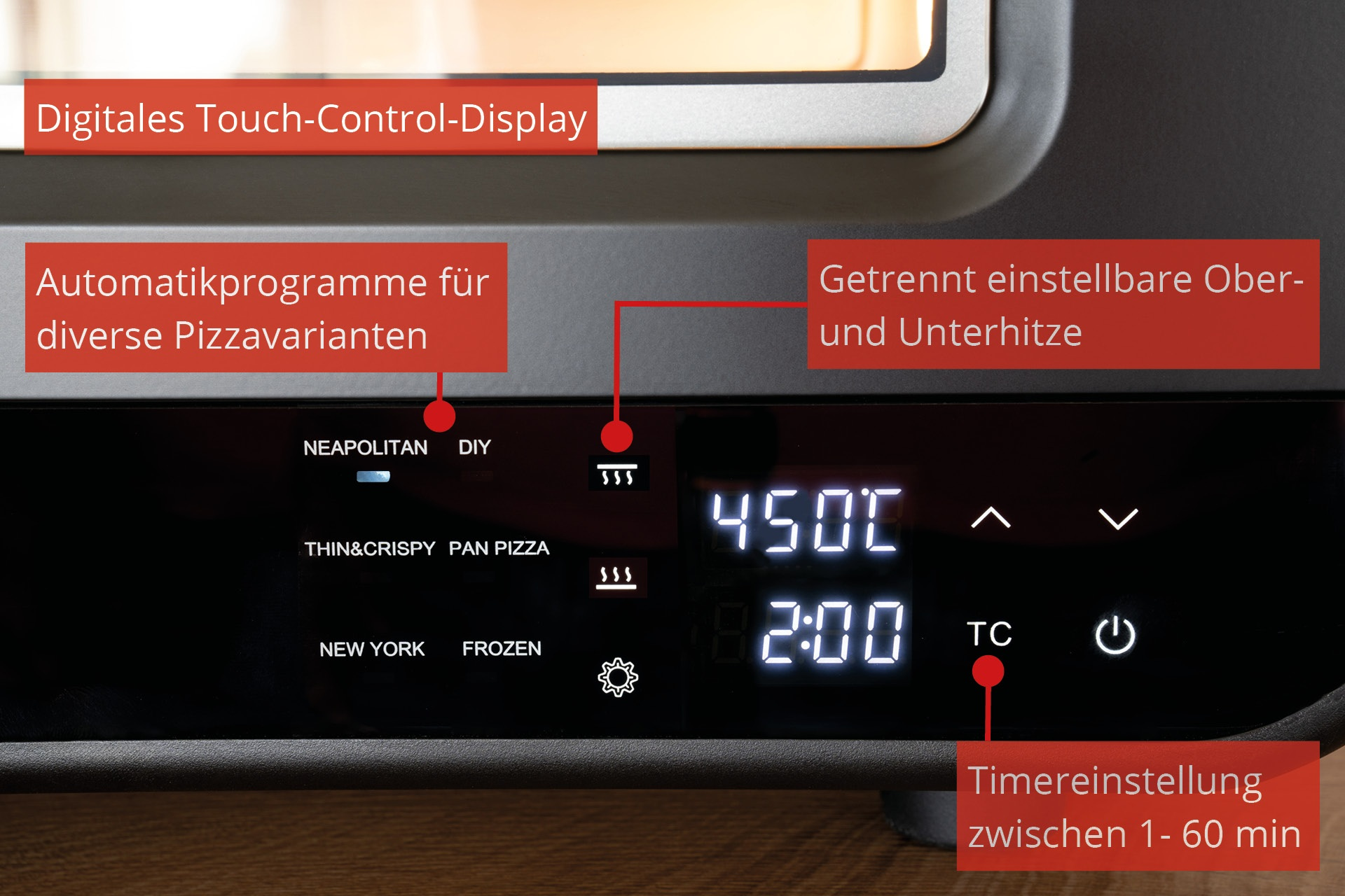 Digitales Touch-Control-Display zeigt 450 Grad und 2:00 Min. für Pizza.