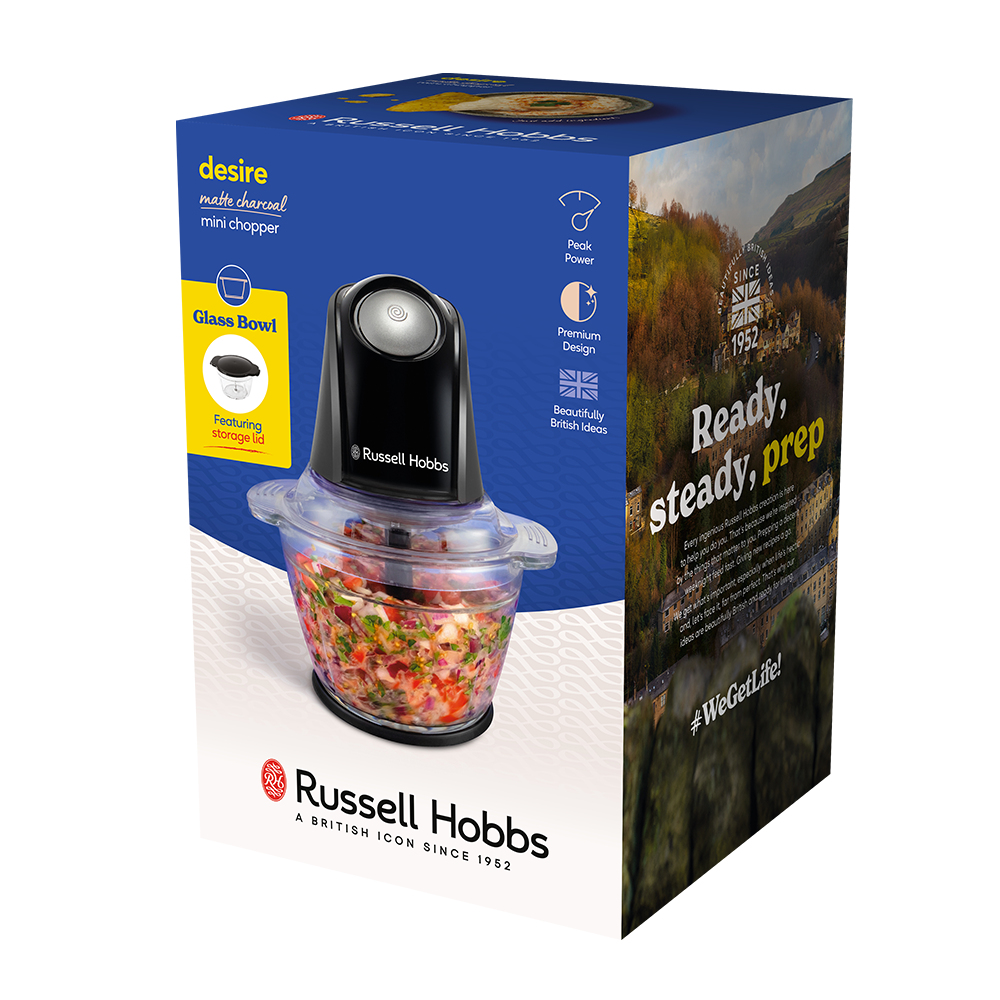 Russell Hobbs Mini-Chopper mit Glasschüssel, gefüllt mit gehackten Zutaten.