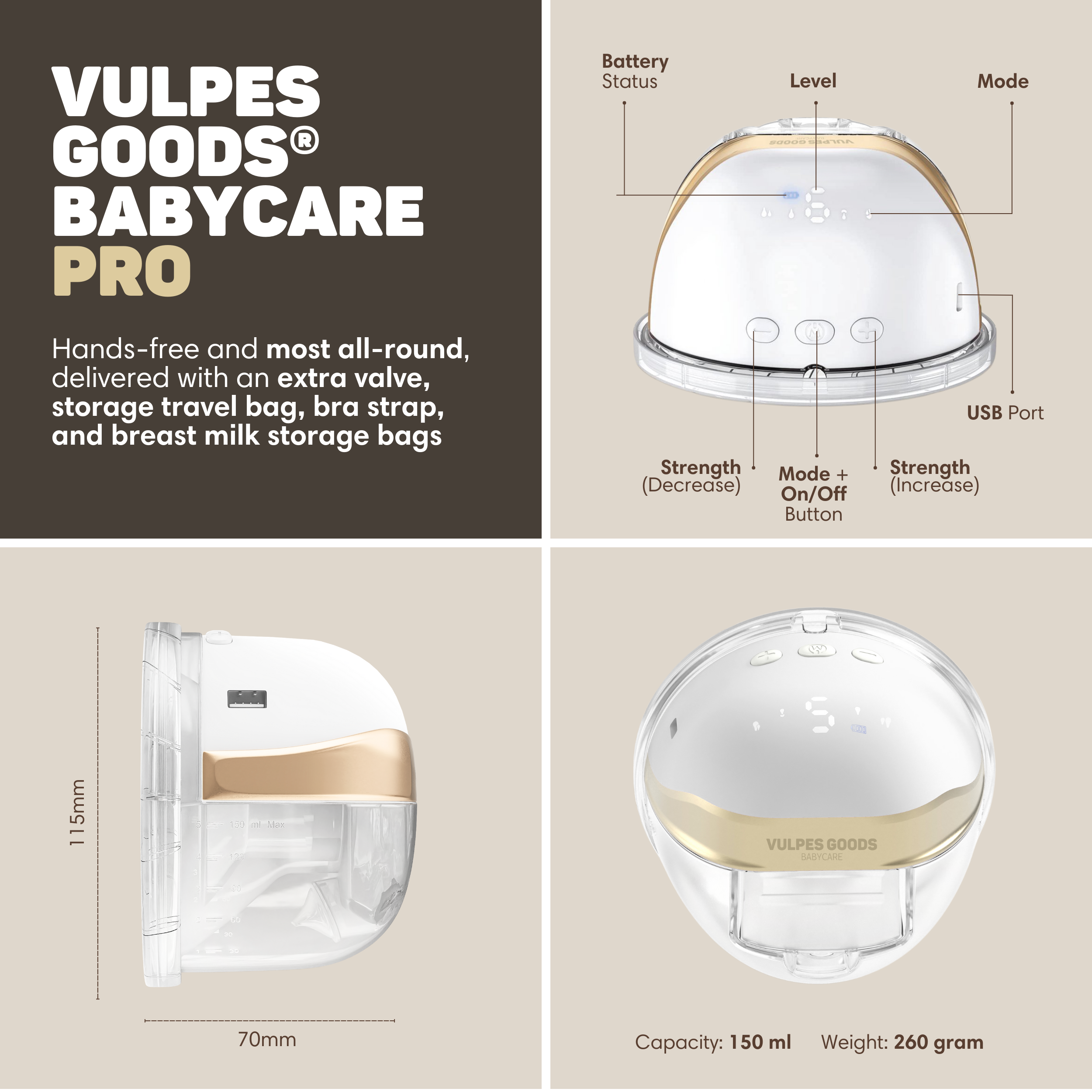 Eine weiße Milchpumpe mit goldener Einfassung, Kapazität 150 ml, Gewicht 260 g.