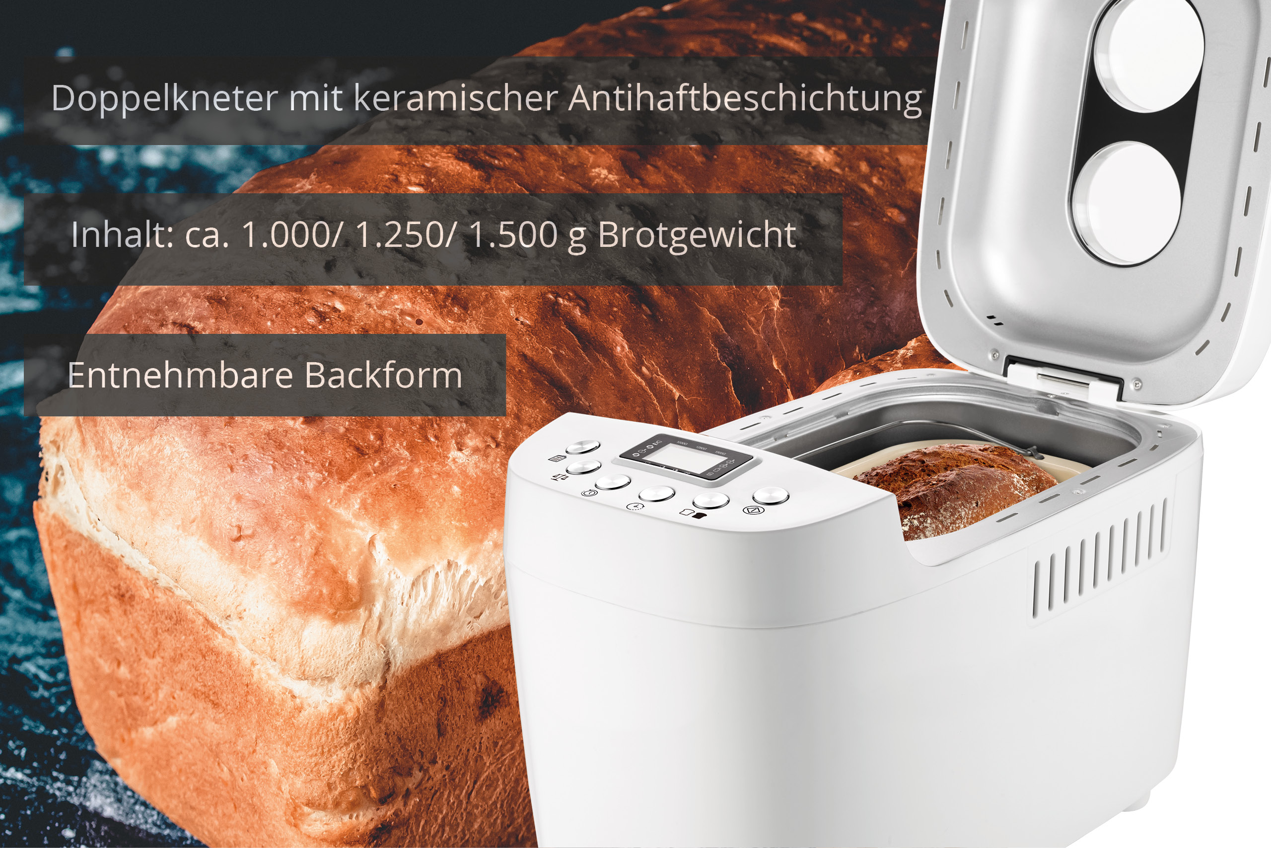 Ein weißer Brotbackautomat mit einem Brot und den Aufschriften 'Doppelkneter mit keramischer Antihaftbeschichtung'.