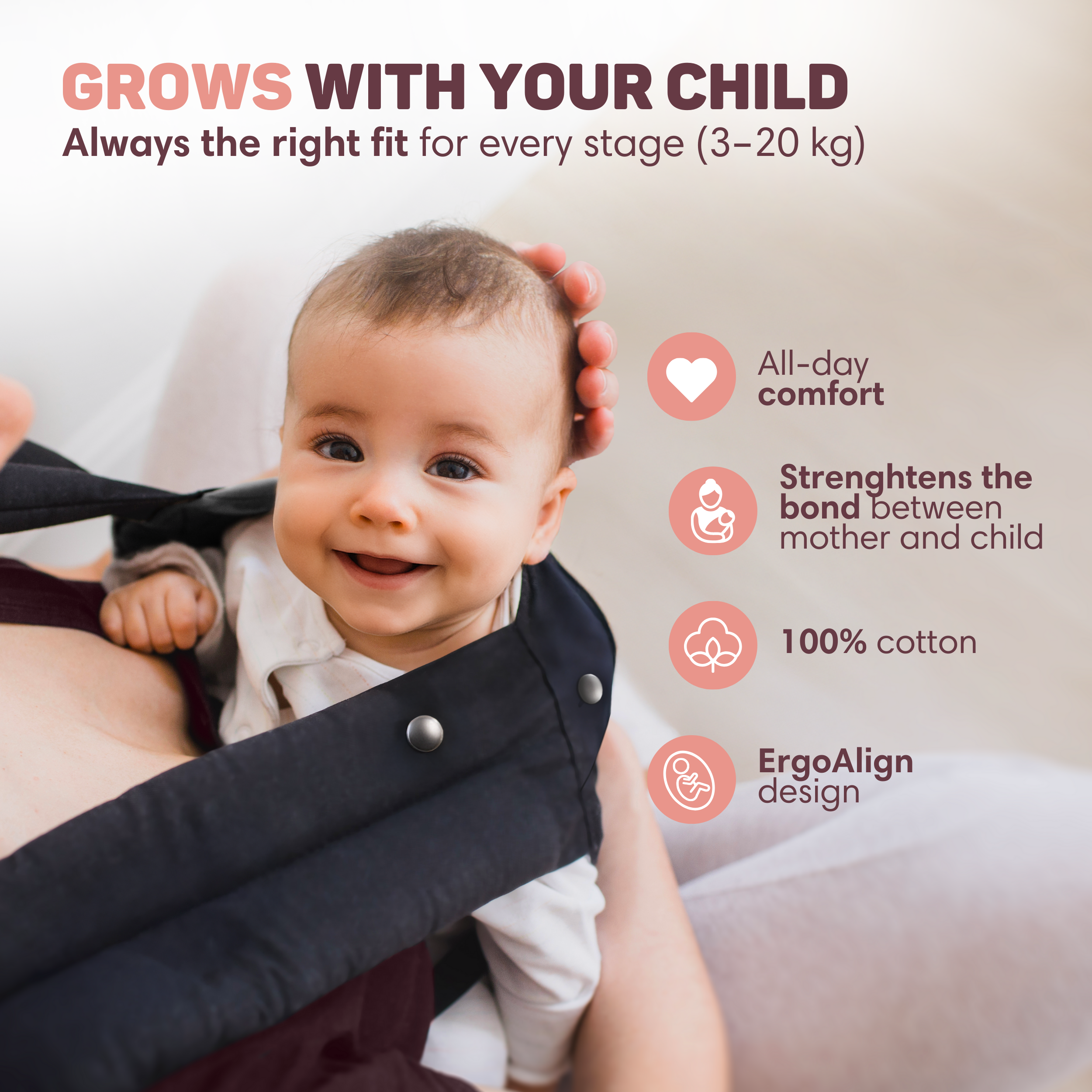 Een baby in een draagzak met tekst over comfort en materialen.