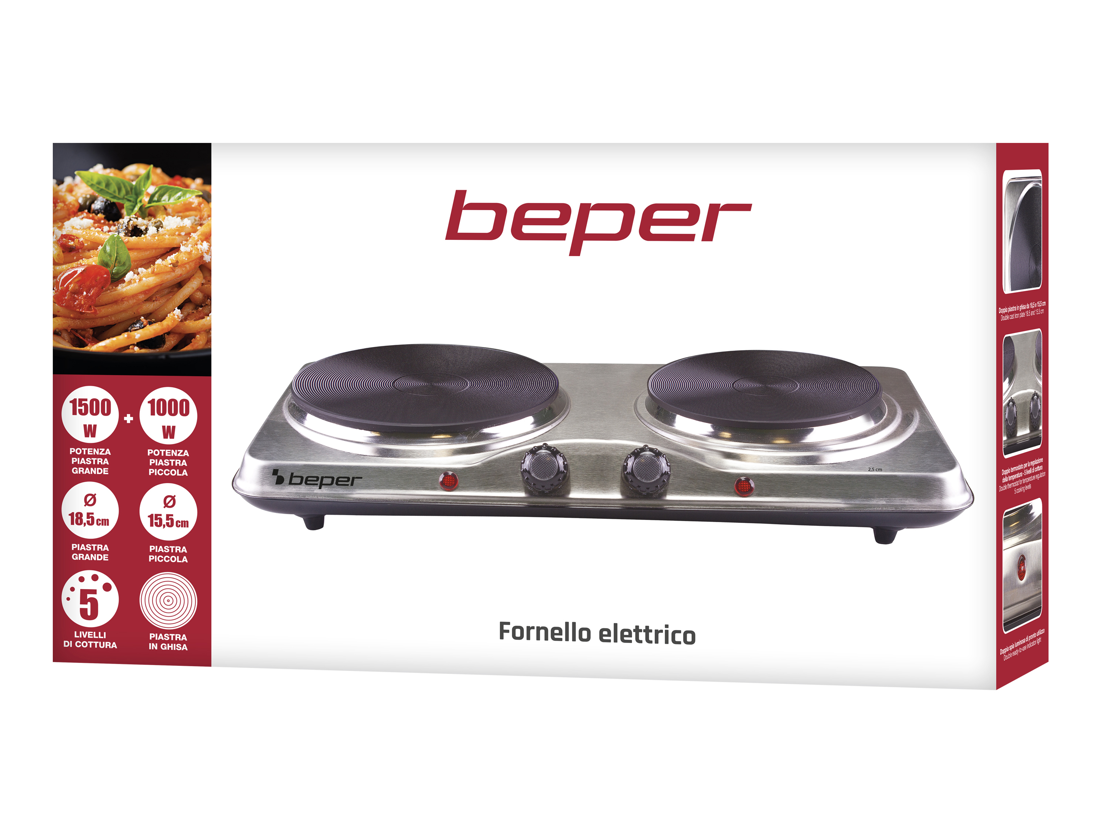 Fornello elettrico Beper. 1500W e 1000W. Piastre da 18,5cm e 15,5cm.