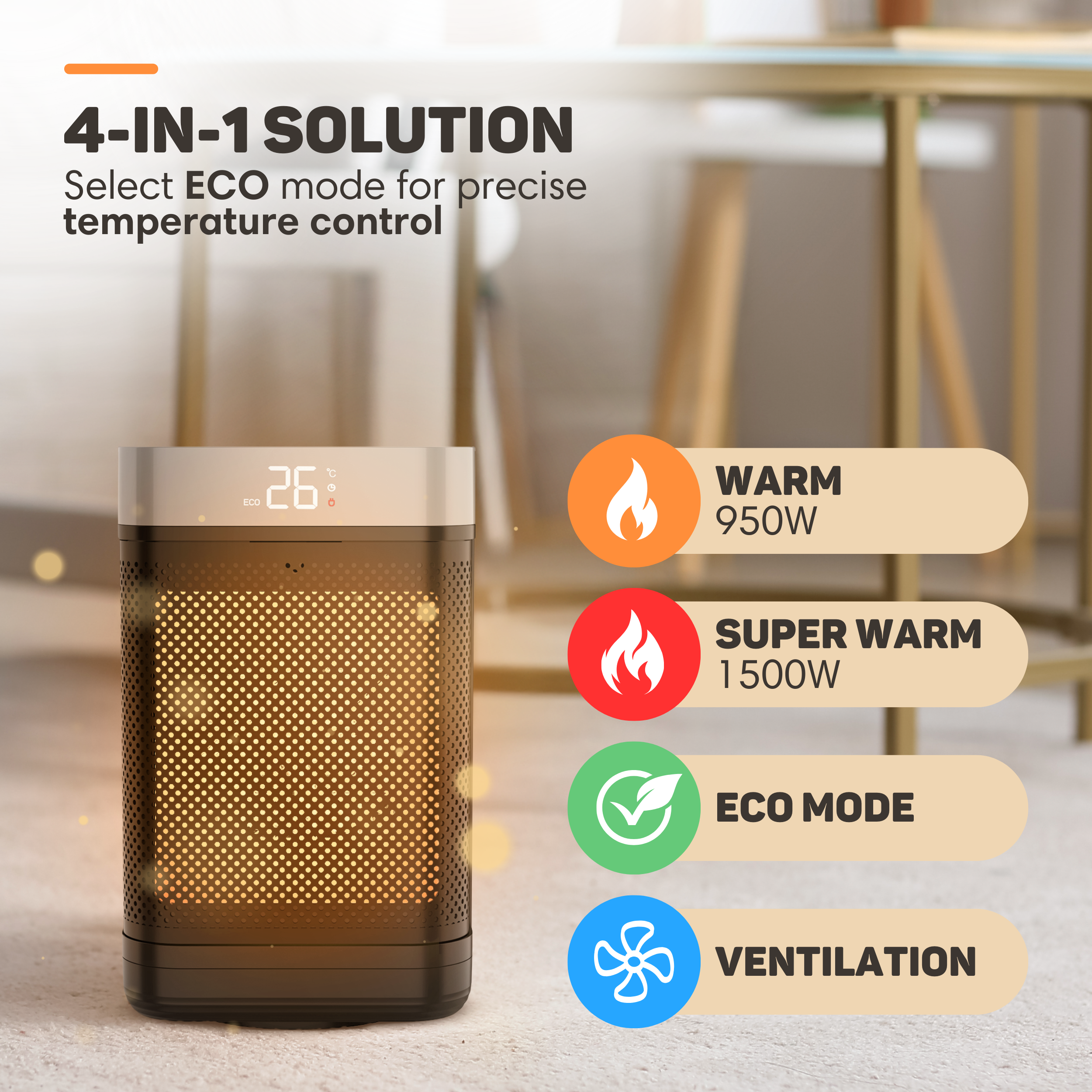 Ein moderner Heizkörper zeigt 26°C und Modi an: Warm, Super Warm, Eco, Lüftung.