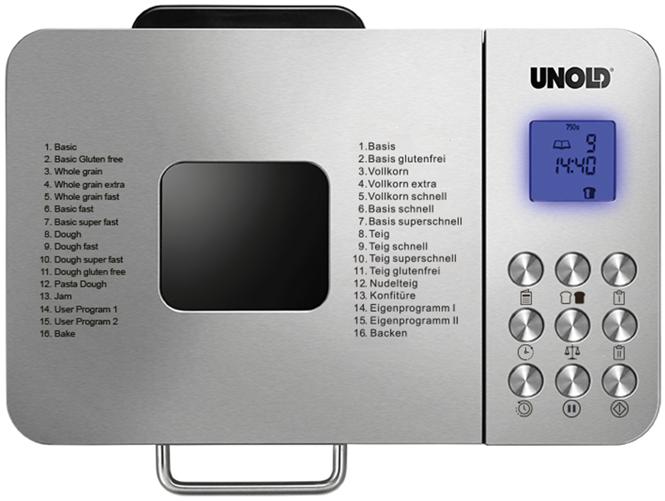 Edelstahl-Brotbackautomat von Unold mit LCD-Display und Bedientasten.