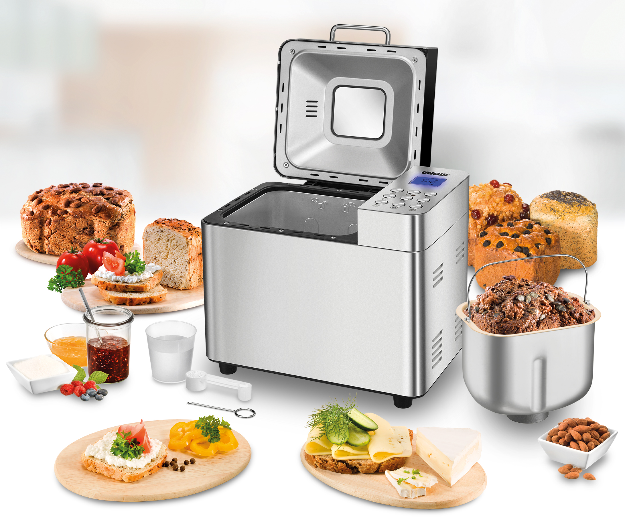 Brotbackautomat mit verschiedenen Broten, belegten Broten und Zutaten.