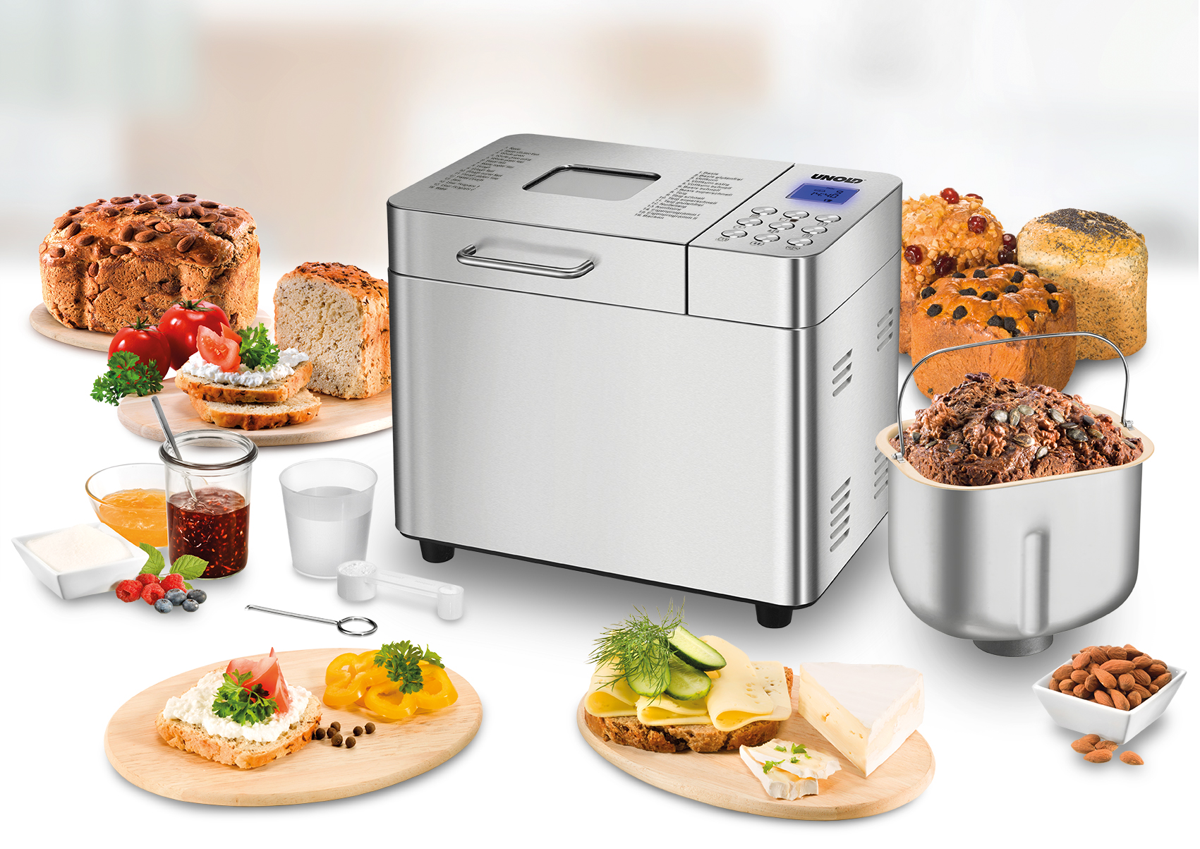 Edelstahl-Brotbackautomat mit verschiedenen Broten, Snacks und Zutaten.