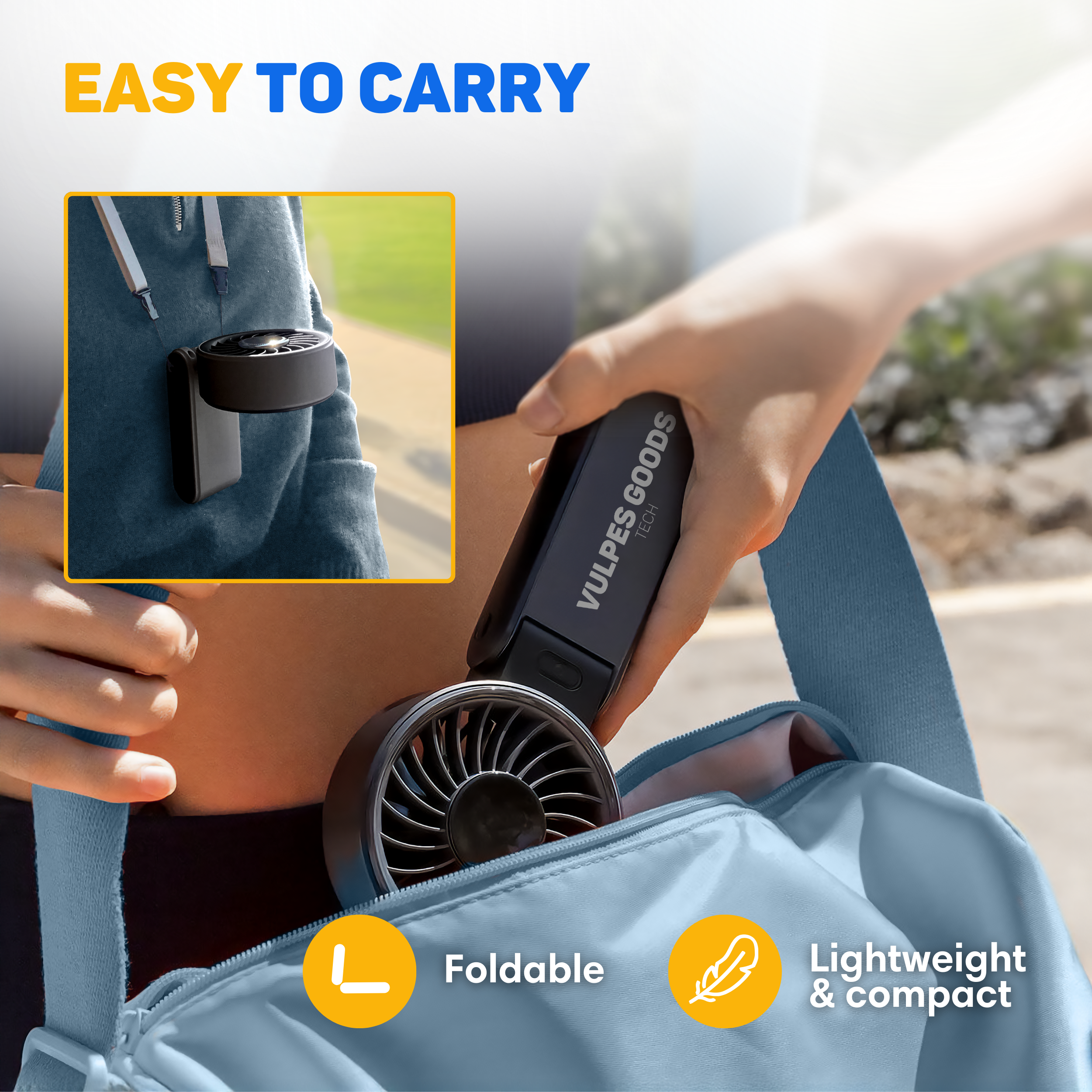 A portable fan is placed into a blue bag. It is foldable and lightweight.