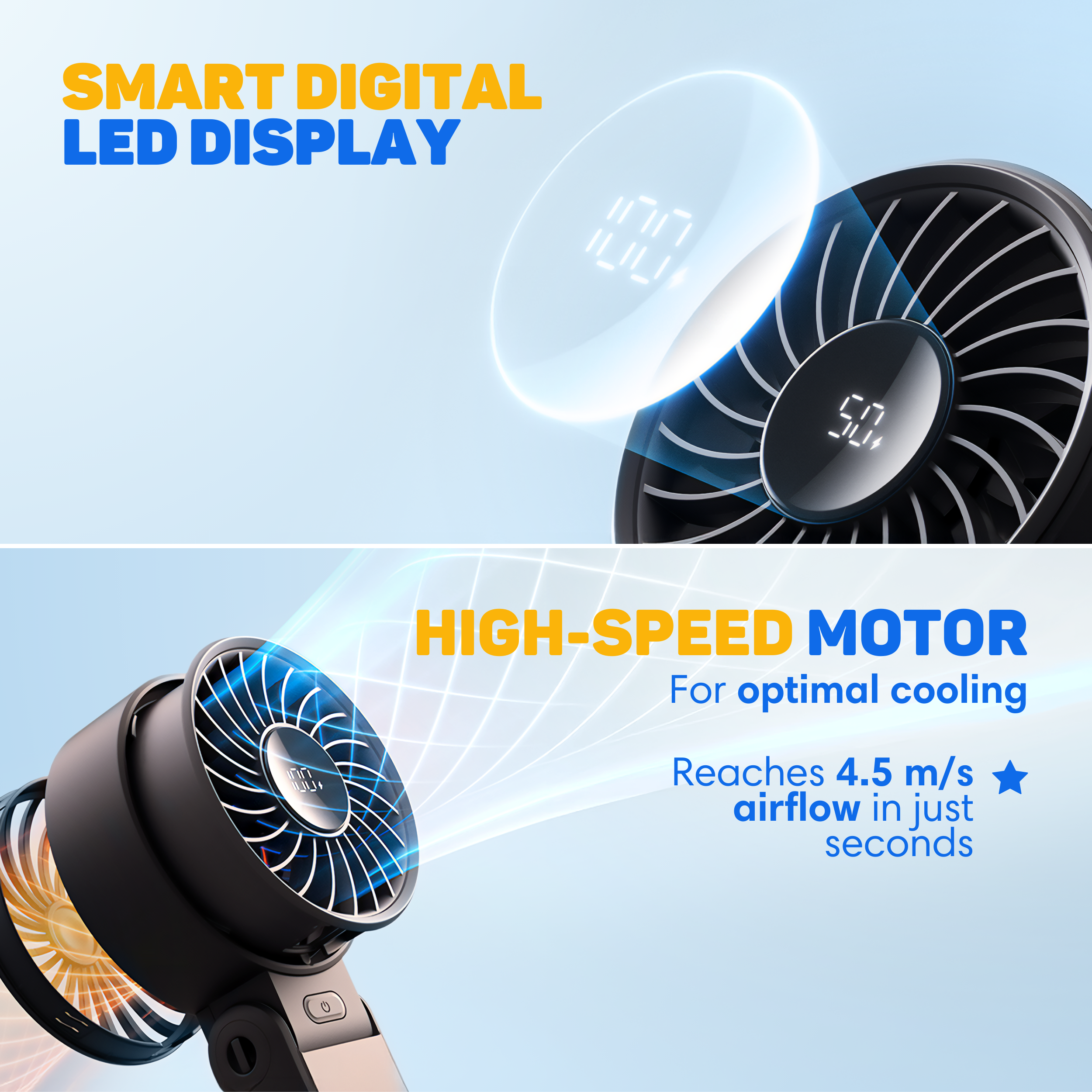 A close-up image of a fan with a digital display and text.