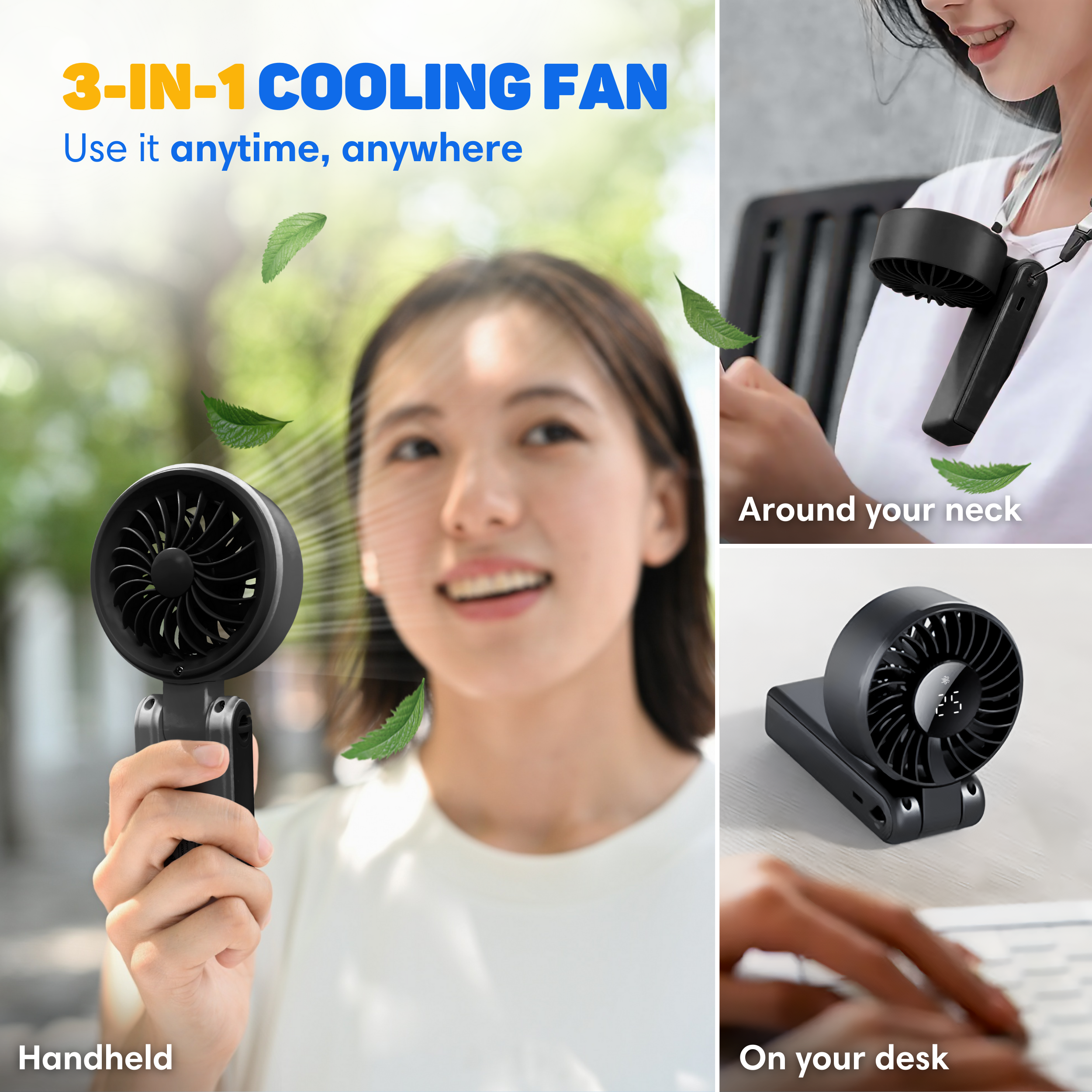 A portable black fan is shown handheld, around the neck, and on a desk.