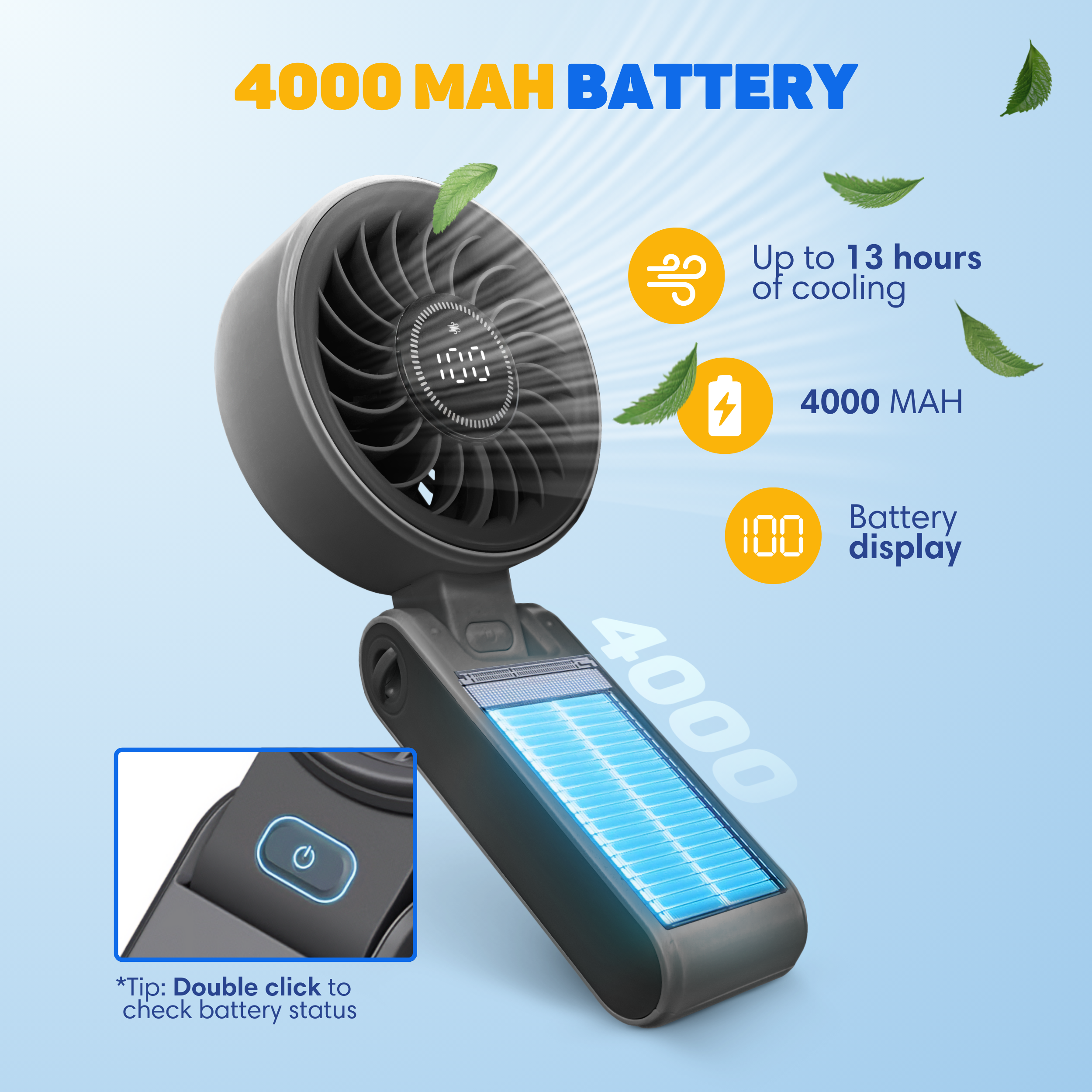 A black portable fan with a solar panel and battery display.