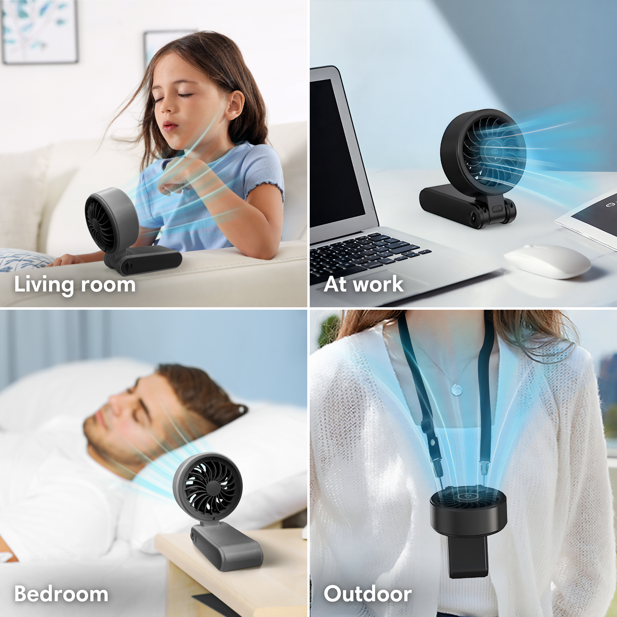 Ein tragbarer Ventilator in vier Szenarien: Wohnzimmer, am Arbeitsplatz, im Schlafzimmer, draußen.