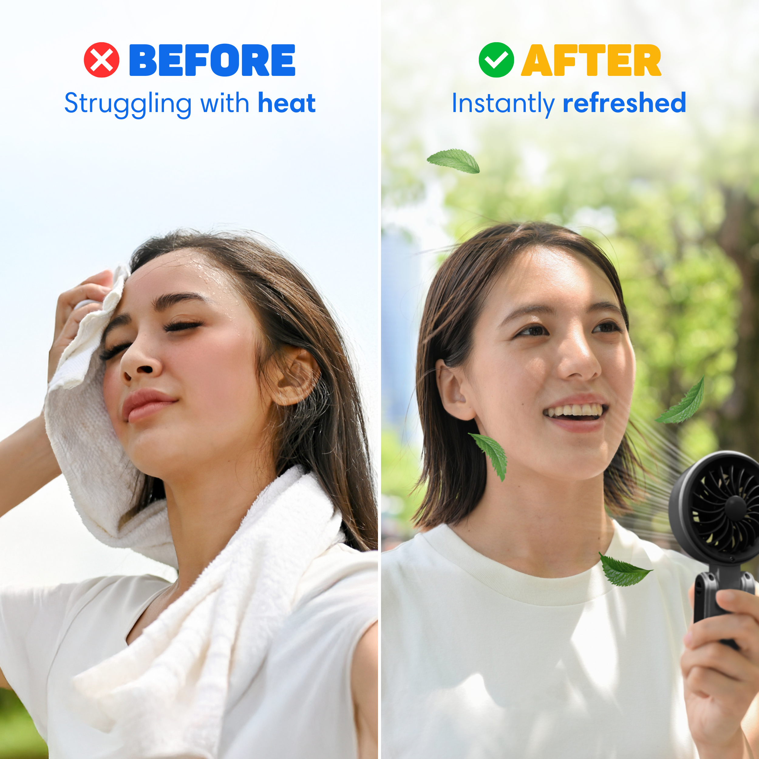 Before: Woman sweating, wiping with towel. After: Woman refreshed by portable fan with leaves.