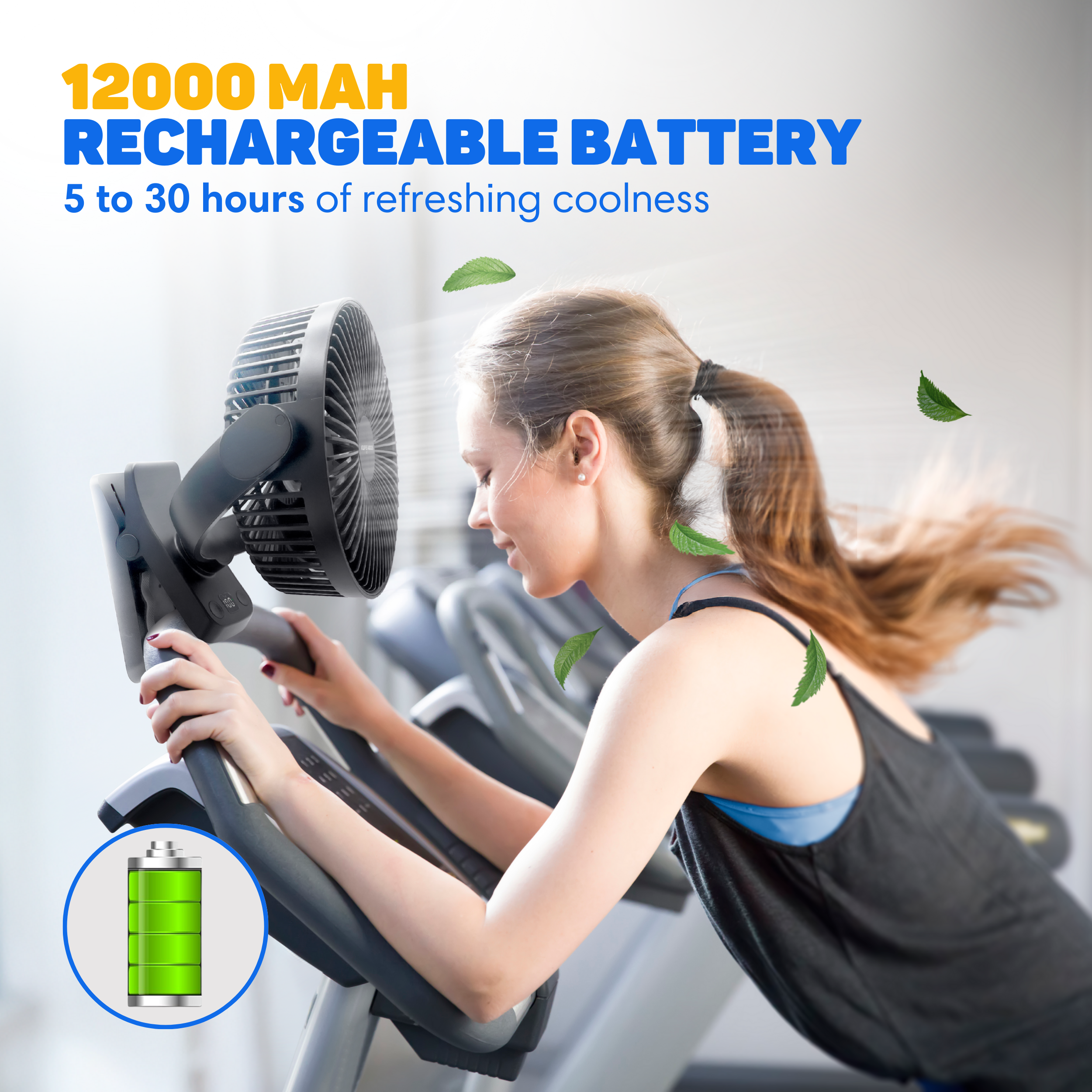 Woman on exercise bike with small fan blowing cool air. Battery icon shown.