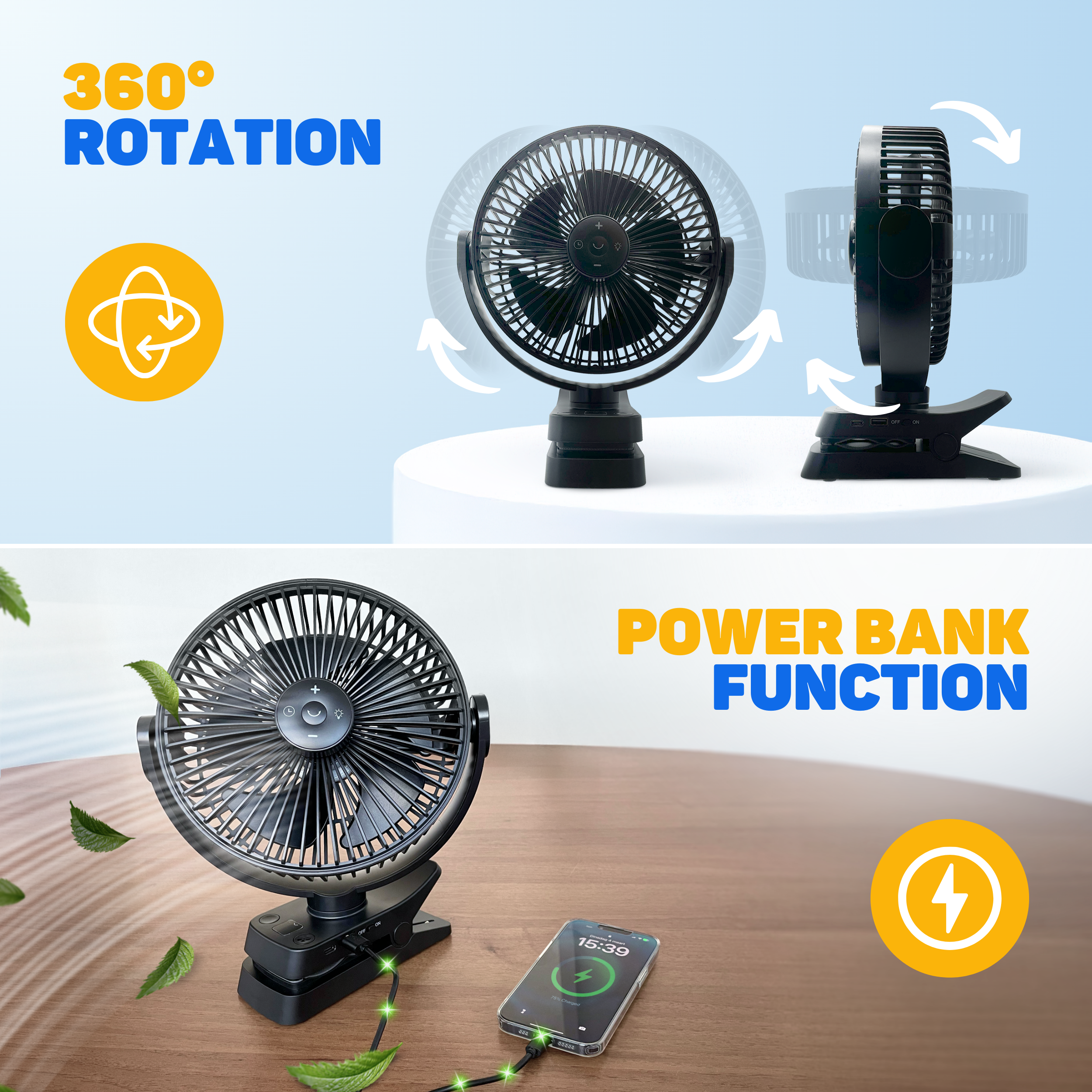 A black fan with 360° rotation and power bank function charges a mobile phone.