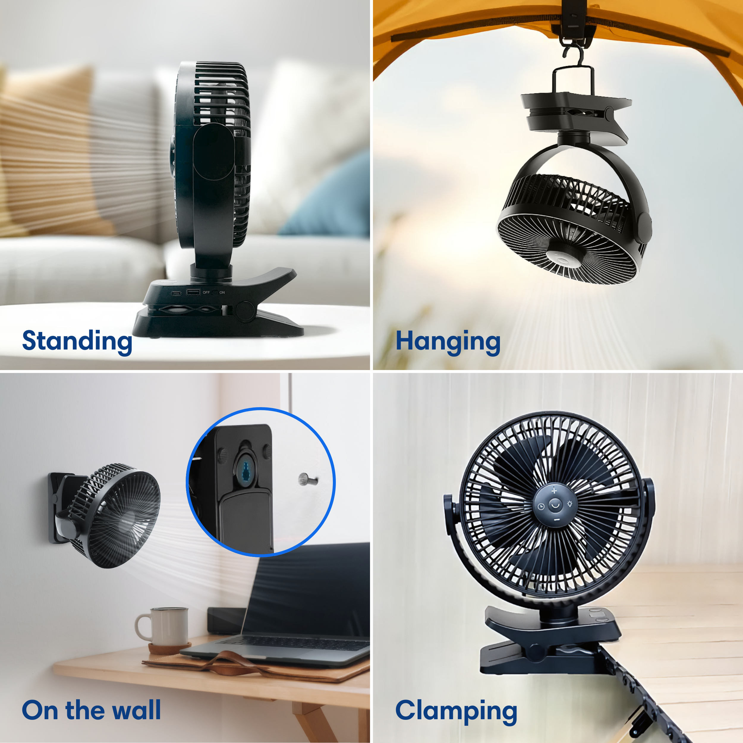 Four scenes show a black fan in different positions: standing, hanging, on wall, clamping.