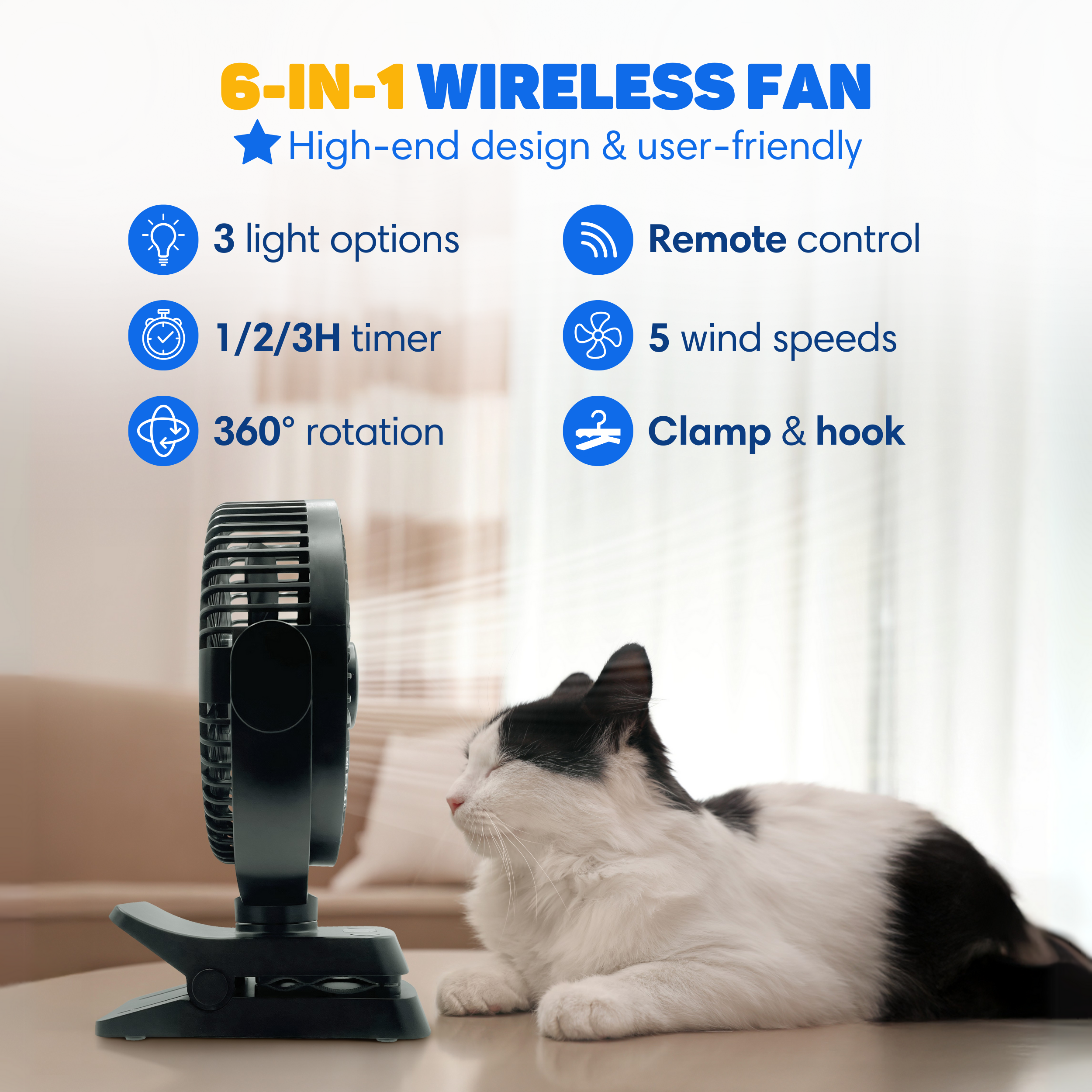 A black fan with a clamp and a black and white cat lie on a table.