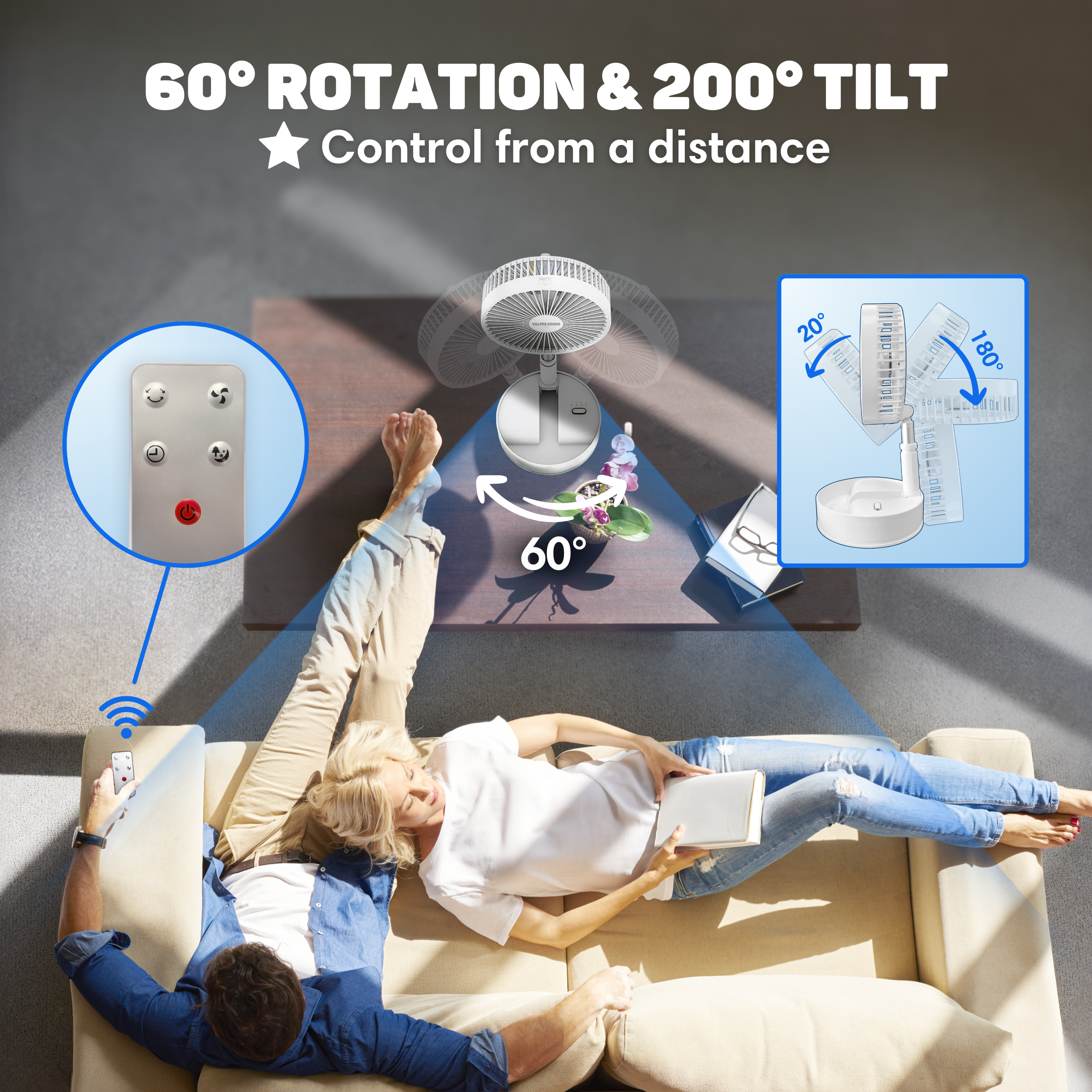 A fan with a remote control on a table, operated by people relaxing on a couch.