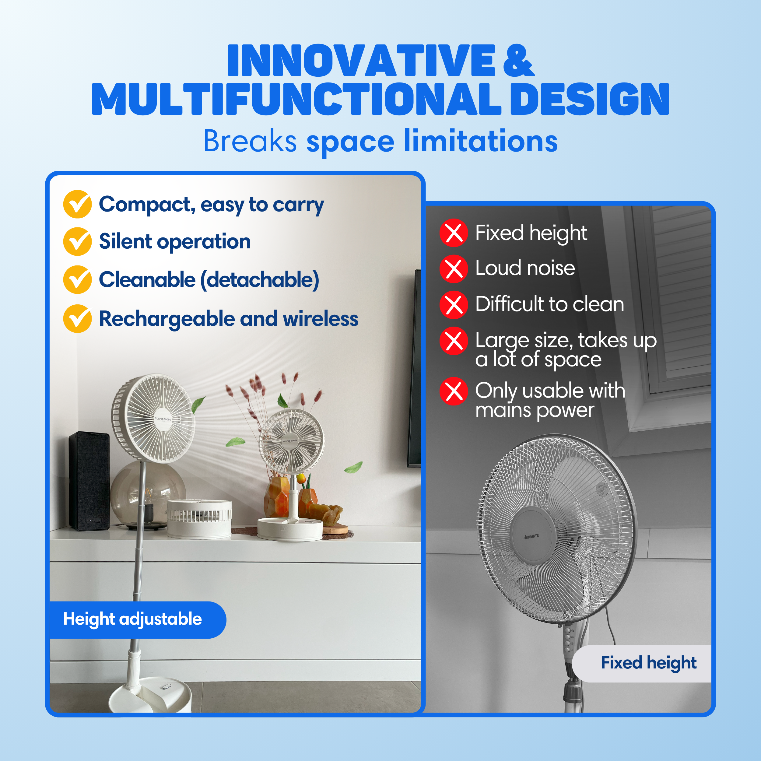 An adjustable fan on the left and a standing fan on the right. Feature comparison.