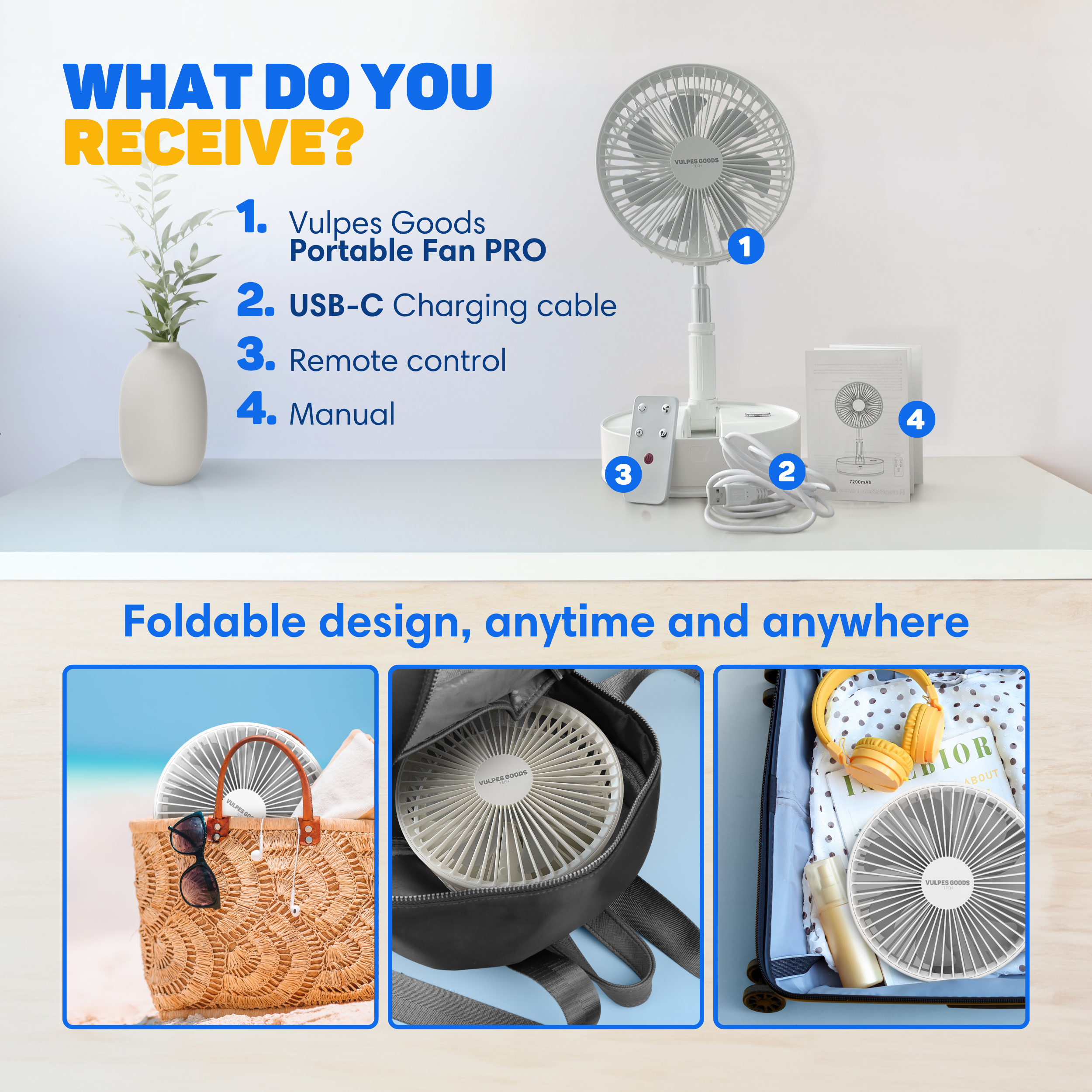 Product overview: fan, cable, remote, manual and three scenarios.