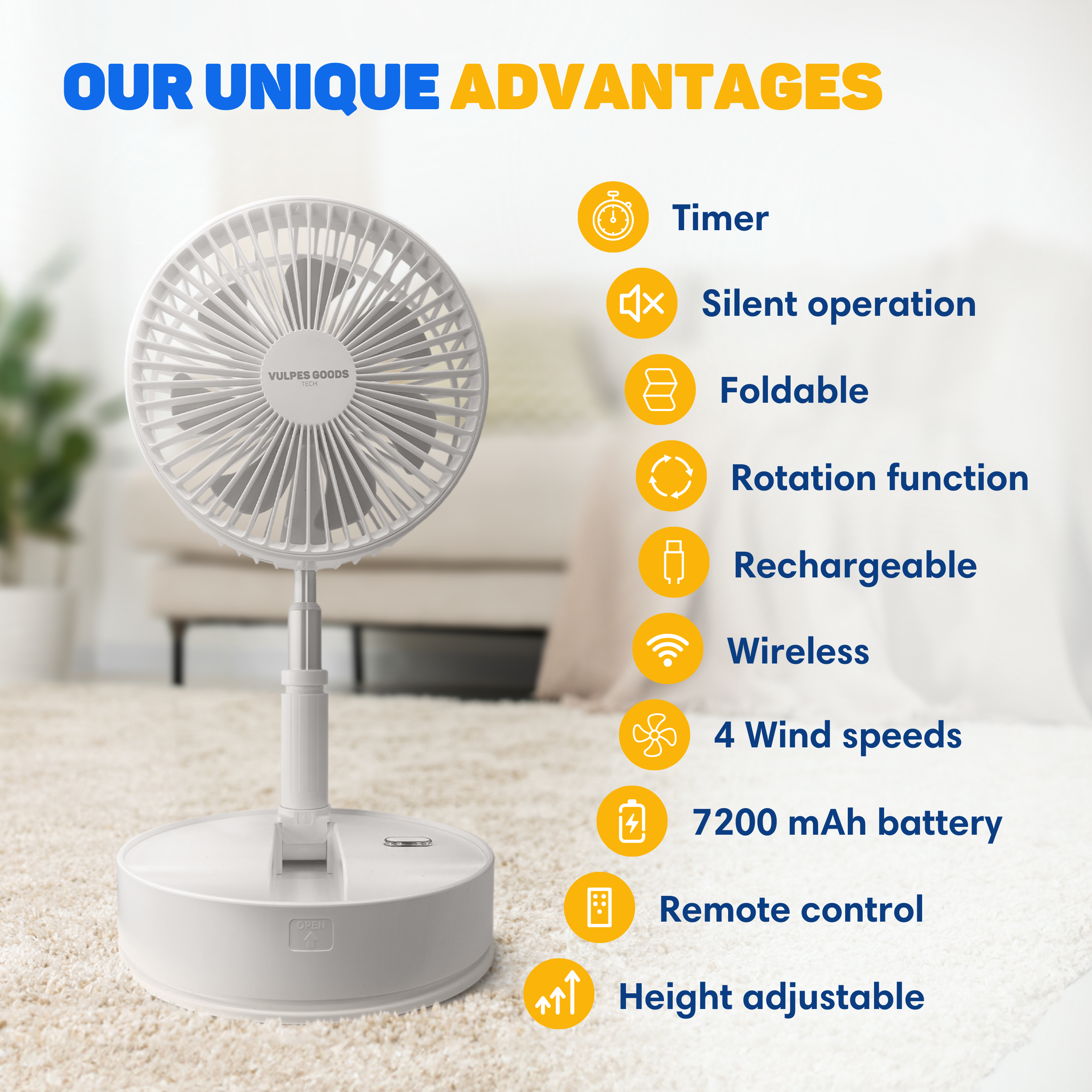 A white, portable fan with multiple features on a fluffy carpet.