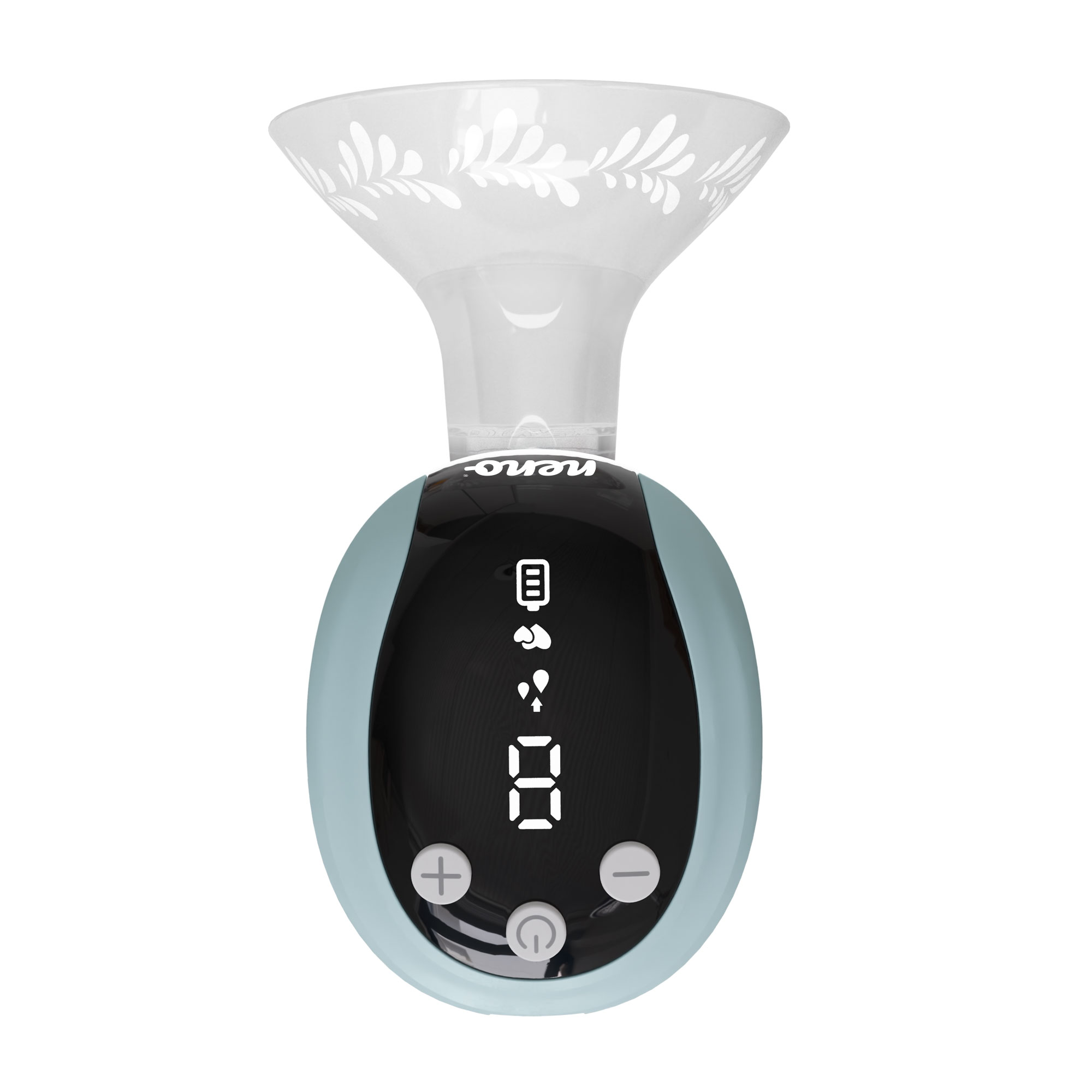 Jasnoniebieski silnik laktatora z białym wzorem kwiatowym i wyświetlaczem.