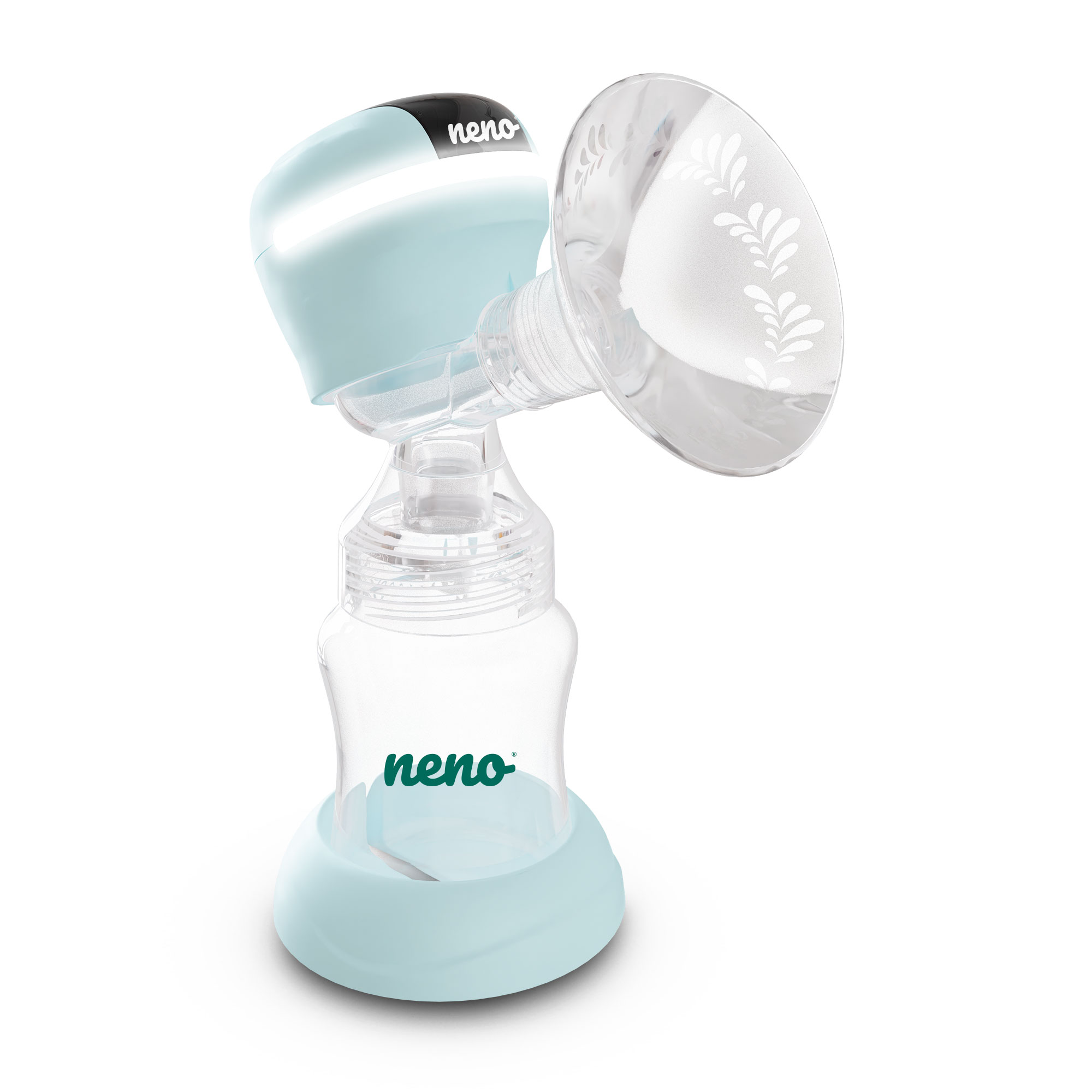 Jasnoniebieska nakładka laktatora Neno z butelką i podstawką.
