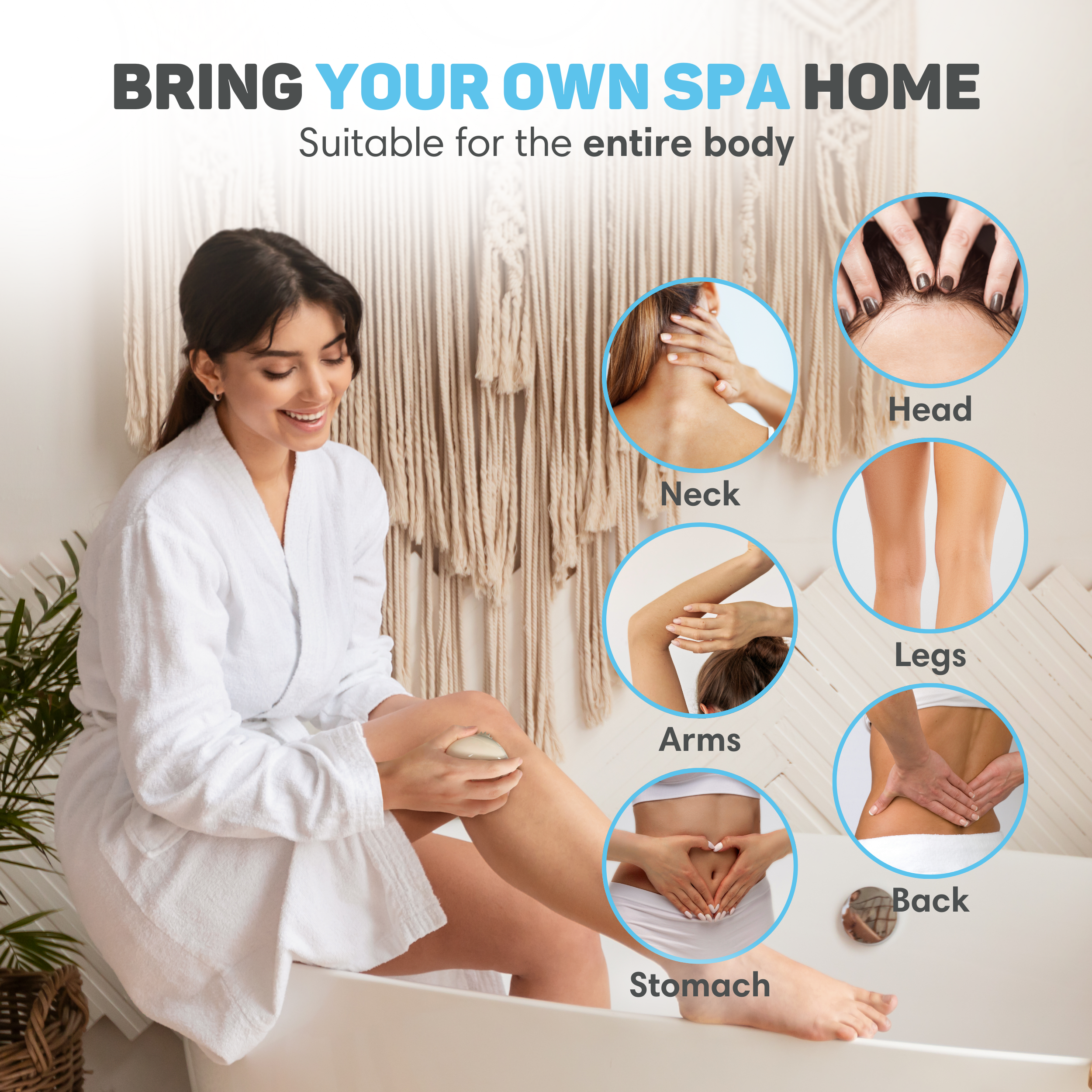Vrouw in badjas in spa-setting met lichaamsdeel-aanduidingen.