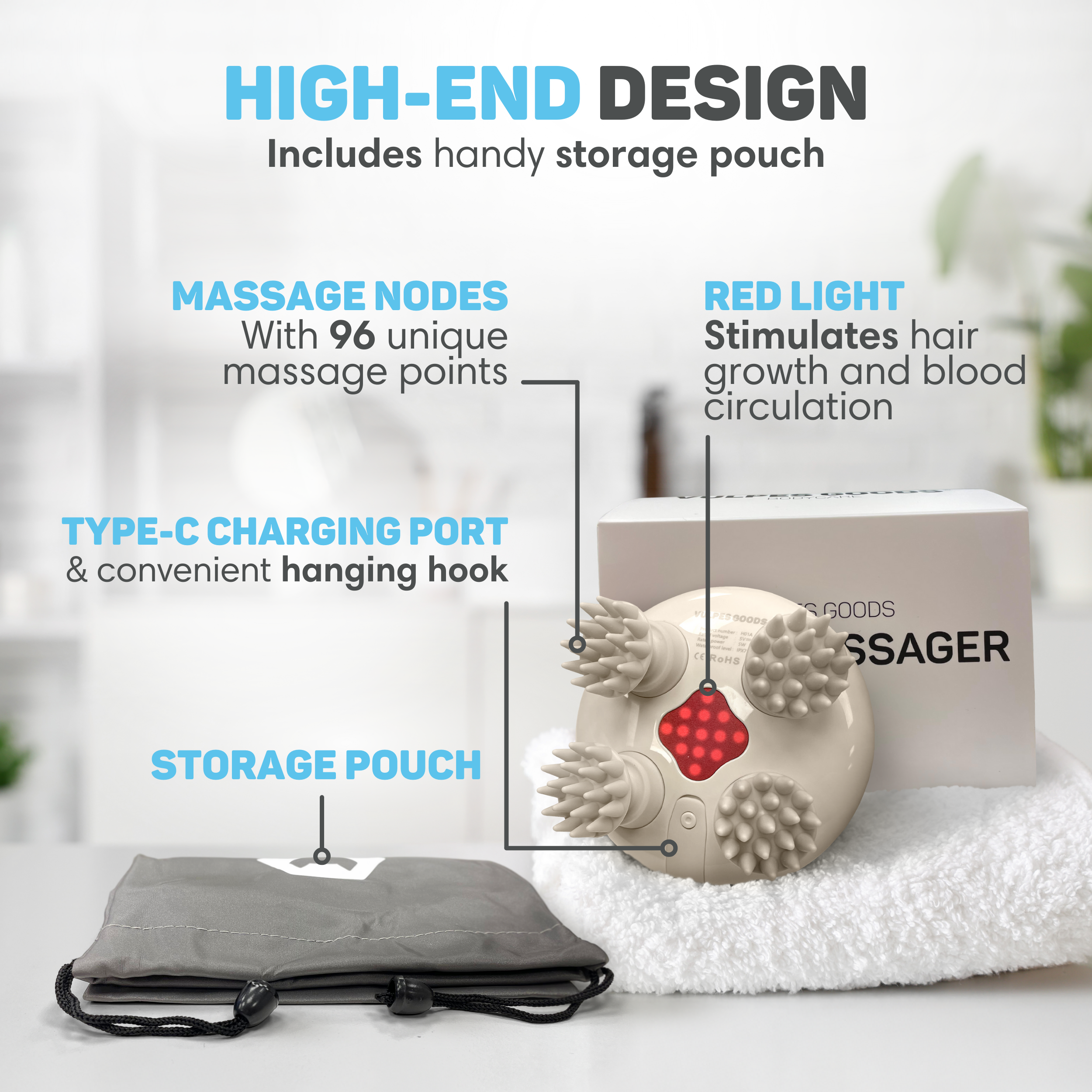 Een beige massager met rode lampjes, 96 knoppen, Type-C poort en zakje. High-end design.