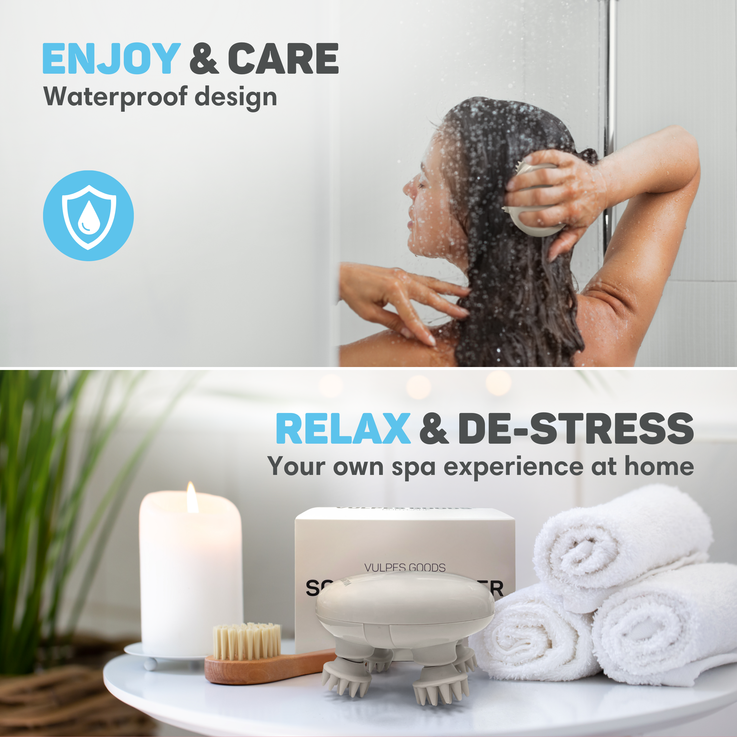 Een vrouw wast haar haar onder de douche. Een massager staat op tafel.