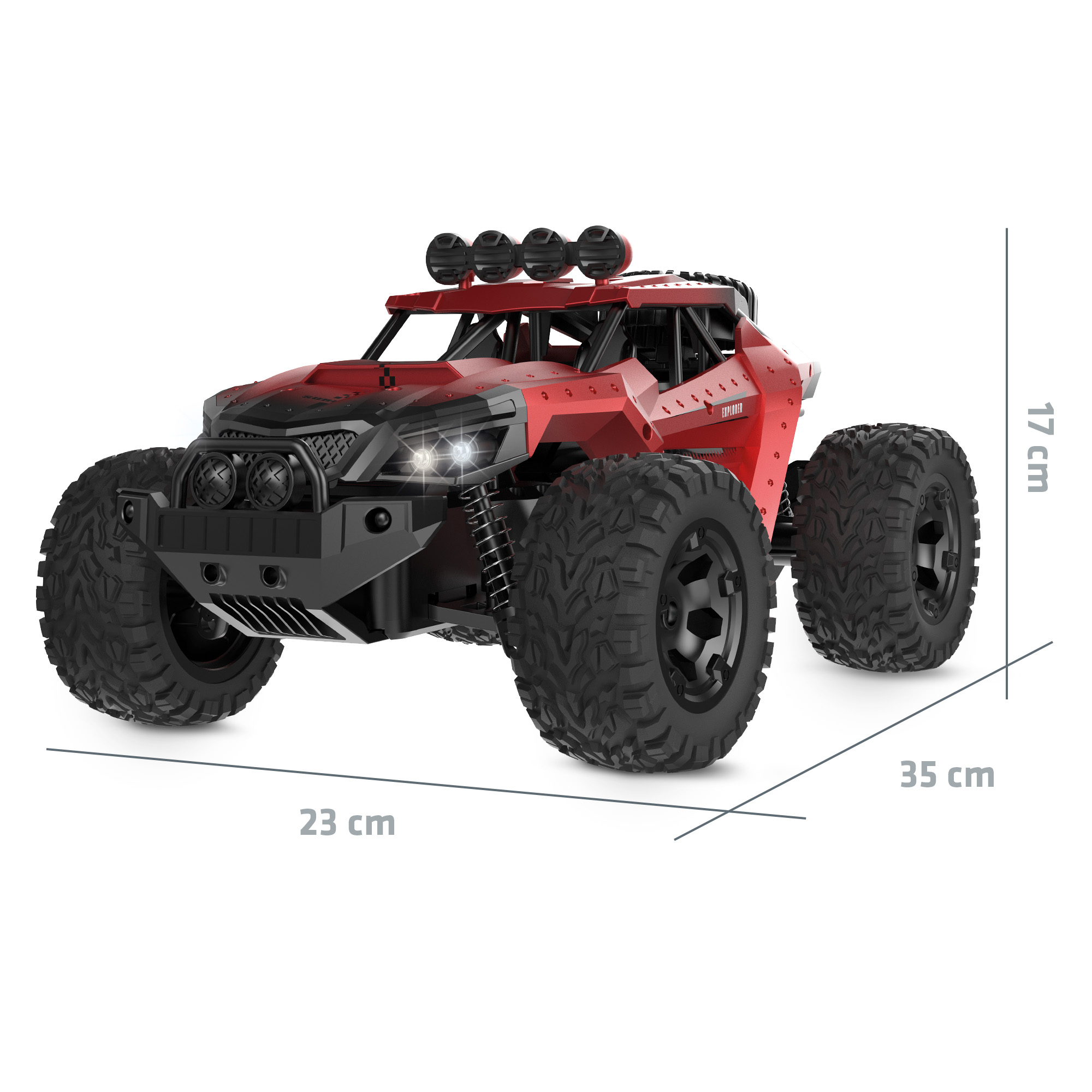 Czerwony buggy na pilota z czarnymi detalami, 35x23x17 cm.