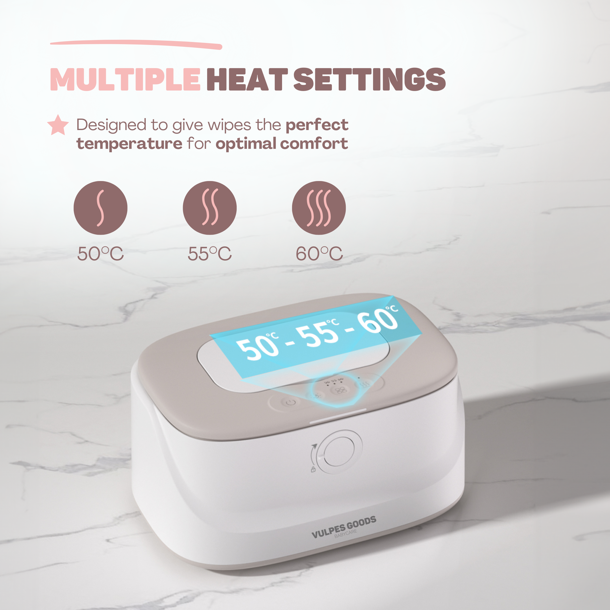 Een babydoekjeswarmer toont temperaturen van 50-60°C.