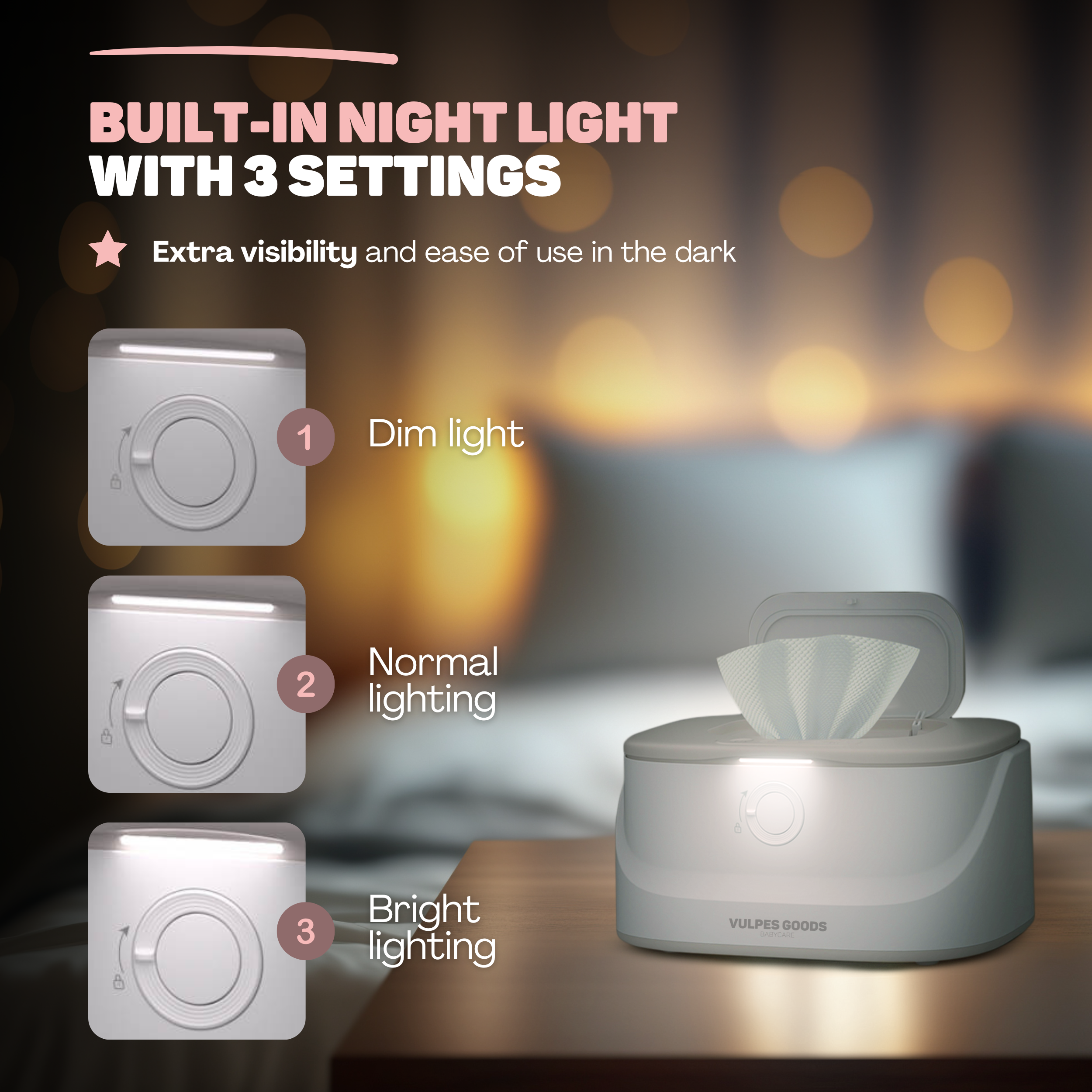Een witte doekjeswarmer met drie lichtstanden: gedimd, normaal en fel.