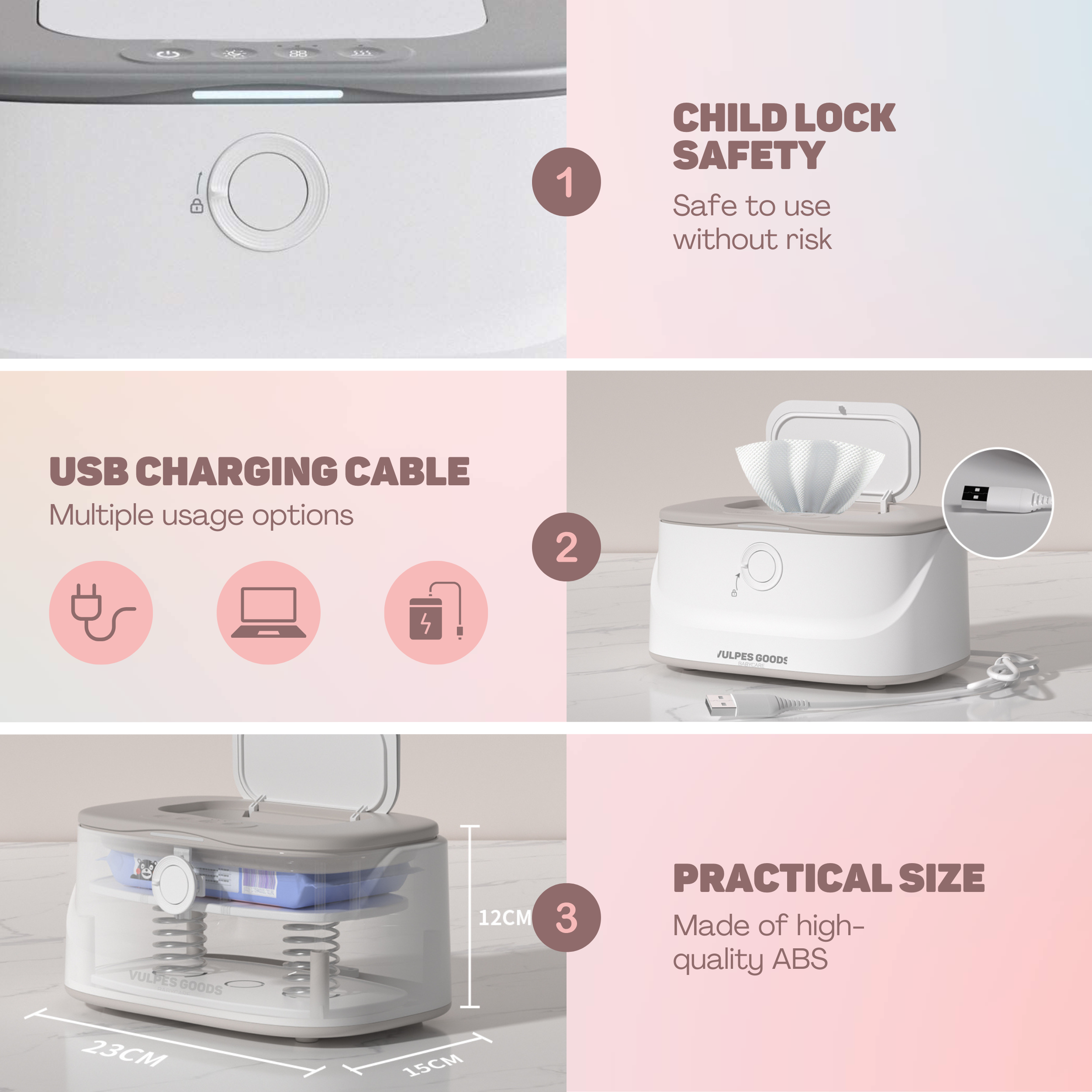 Een witte babydoekjeswarmer met USB-oplaadfunctie en kinderbeveiliging.