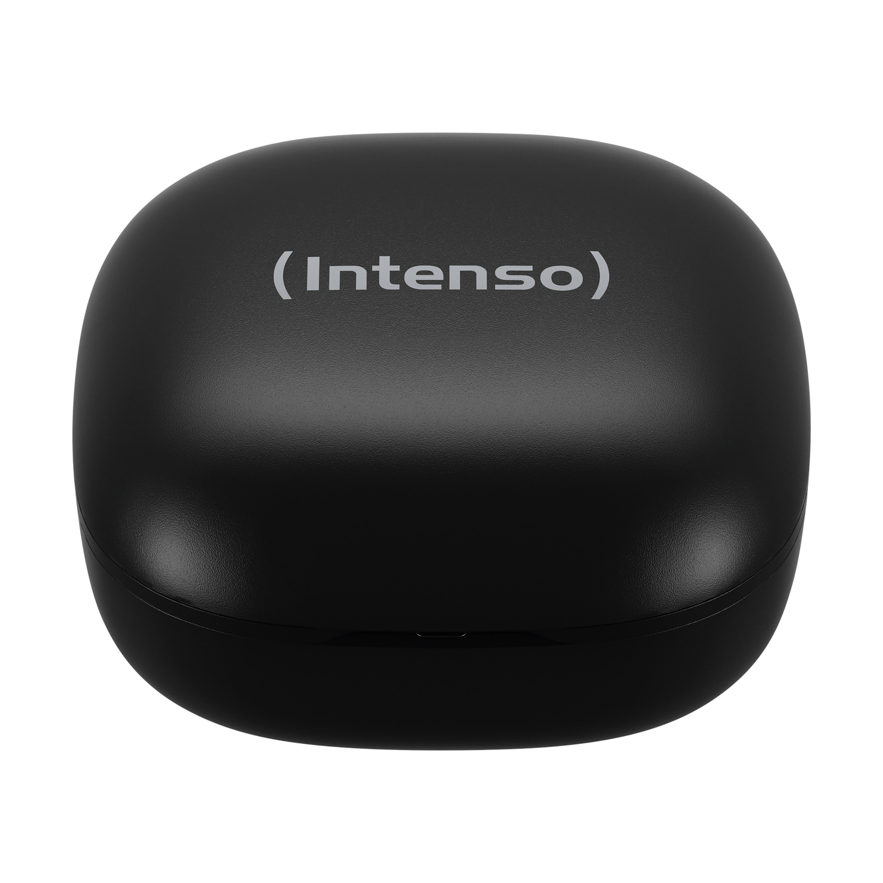 Estuche de carga negro con logo plateado "(Intenso)".
