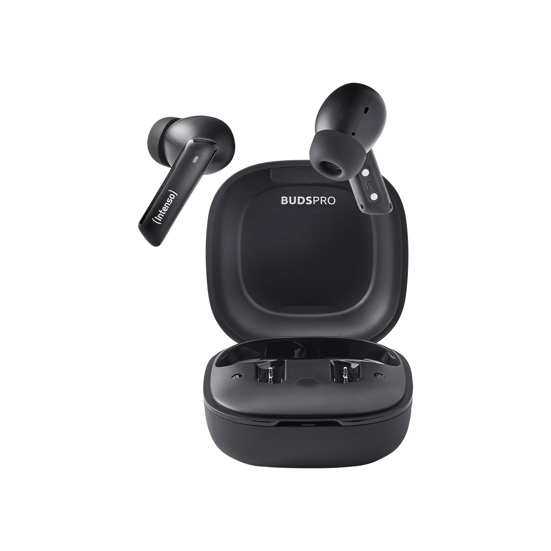Auriculares inalámbricos negros con estuche de carga, sobre fondo blanco.
