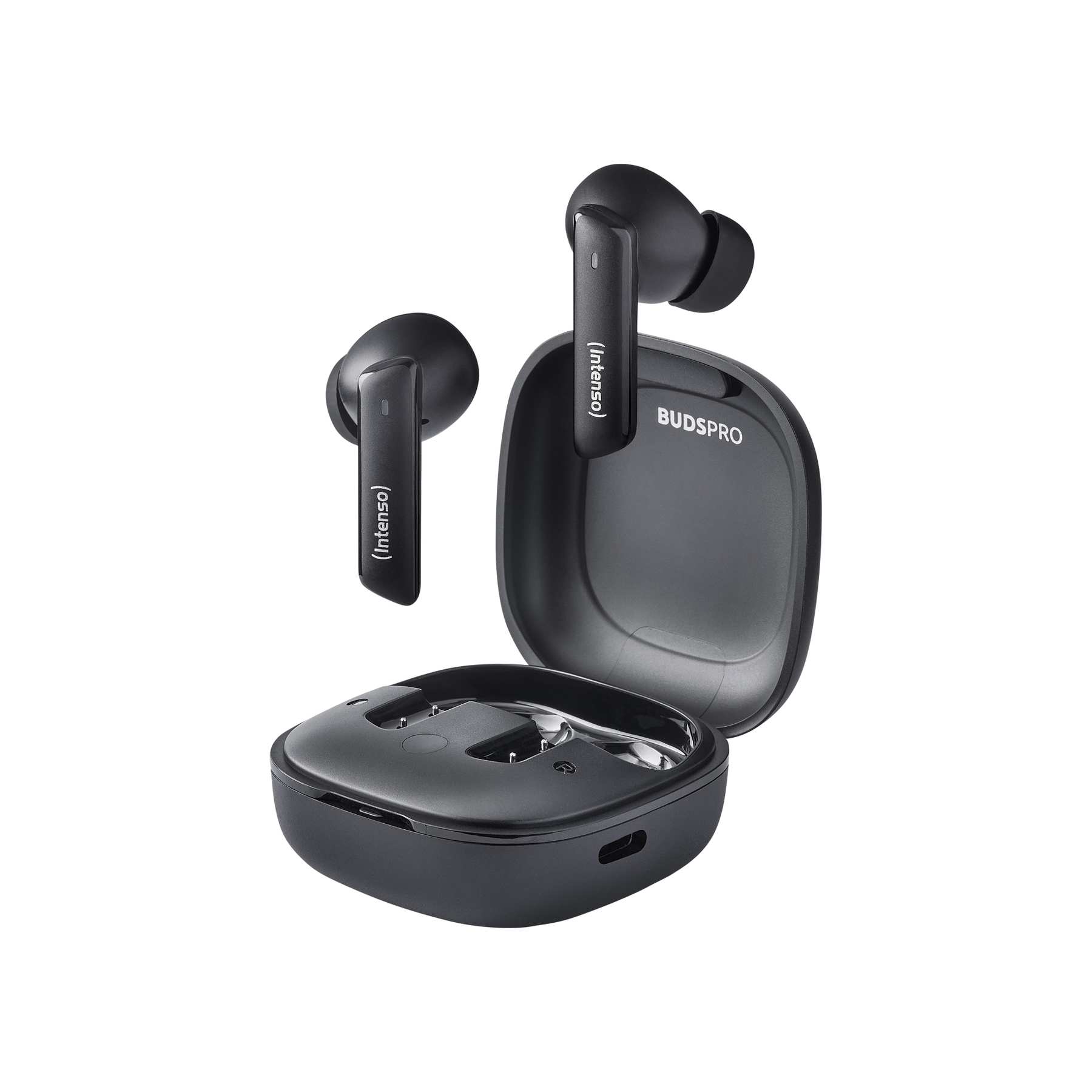 Auriculares inalámbricos negros con estuche de carga, etiquetados (Intenso) y BUDSPRO.