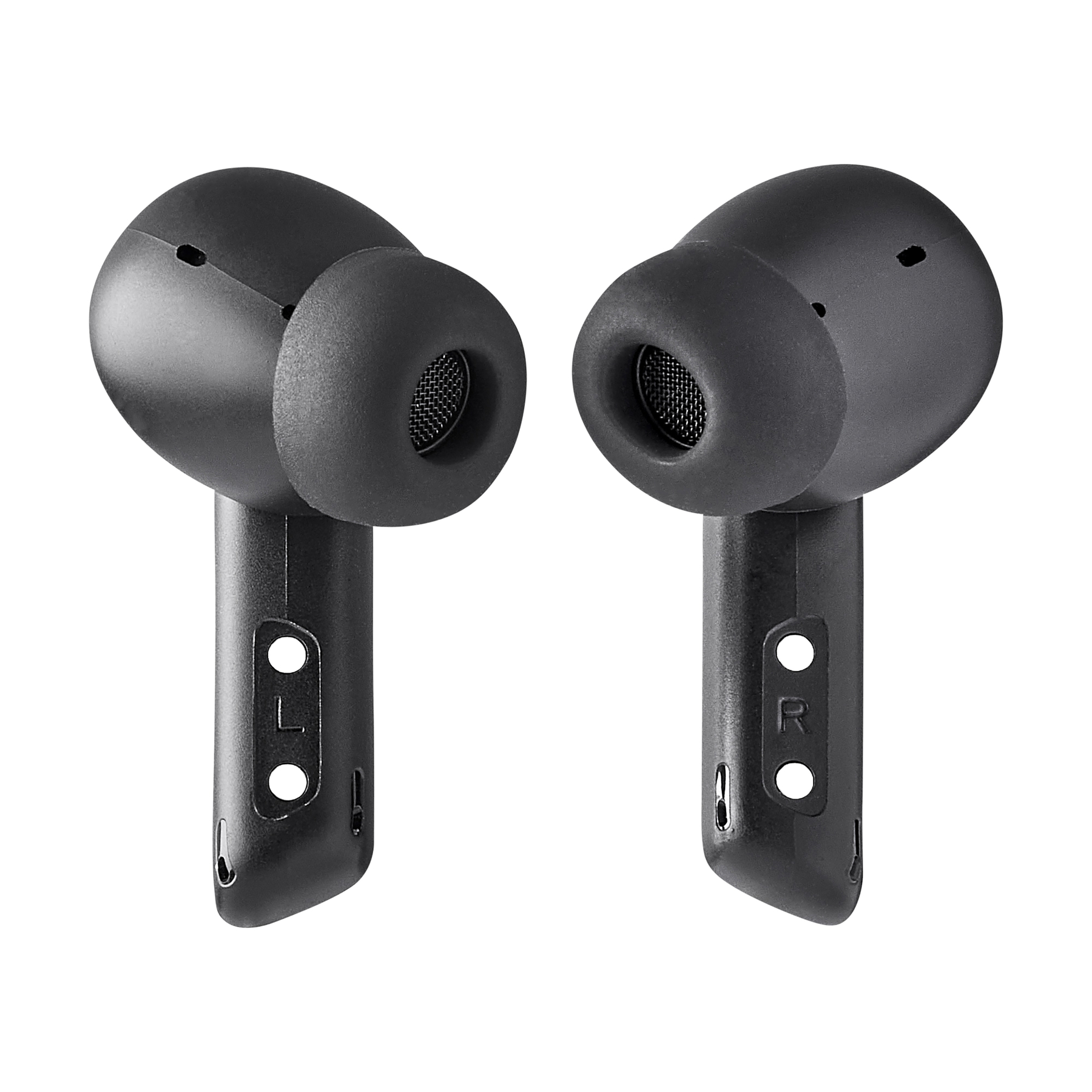 Dos auriculares inalámbricos negros, marcados L y R, sobre fondo blanco.