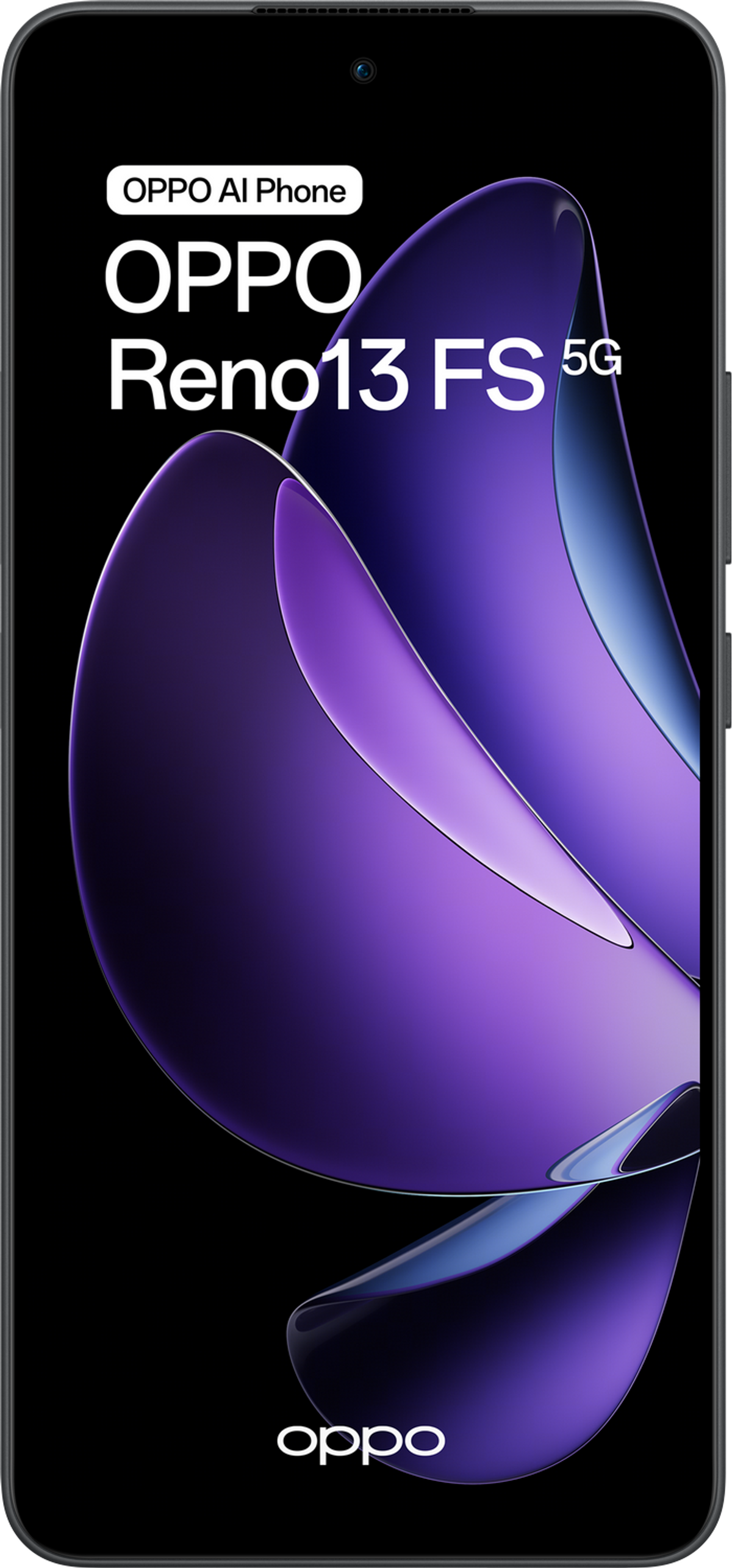Un OPPO Reno13 FS 5G negro con un patrón púrpura en la pantalla.