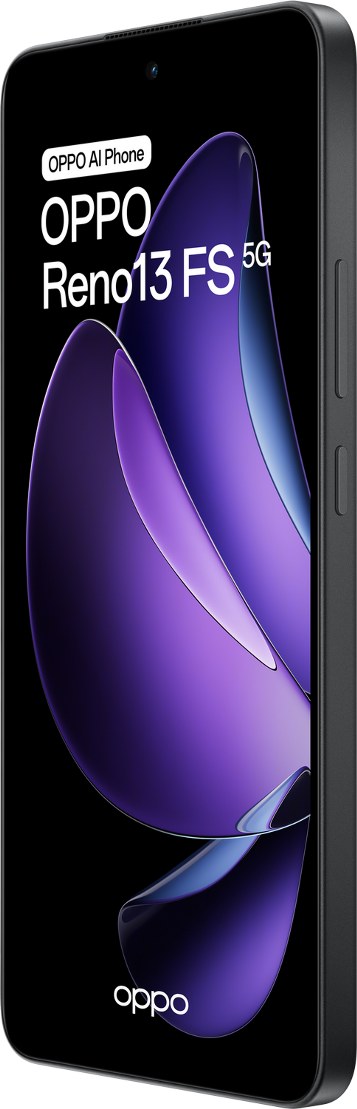 Un smartphone negro con el texto 'OPPO Reno13 FS 5G' y un gráfico morado.