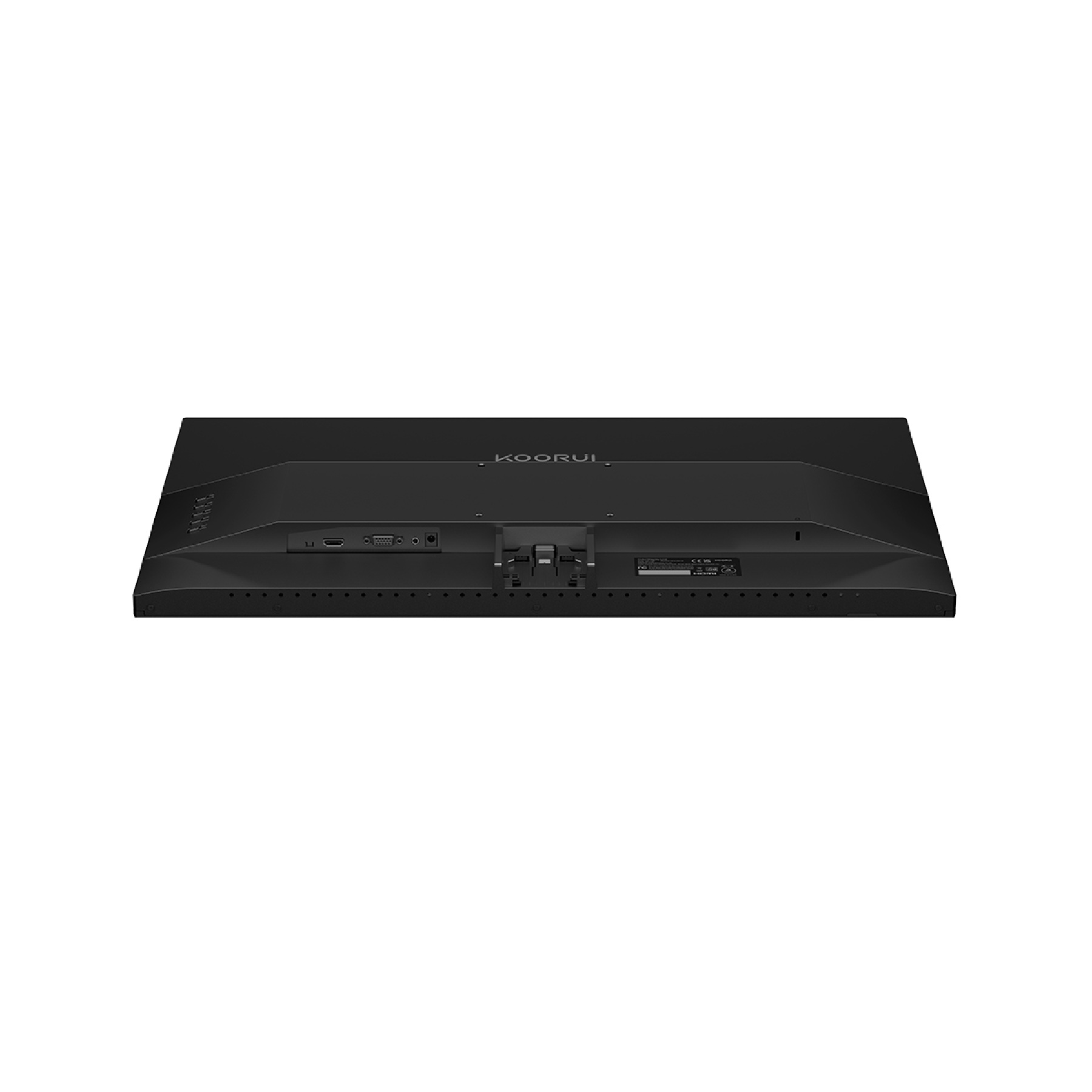 Rückseite eines schwarzen Monitors mit Anschlüssen wie HDMI und VGA.