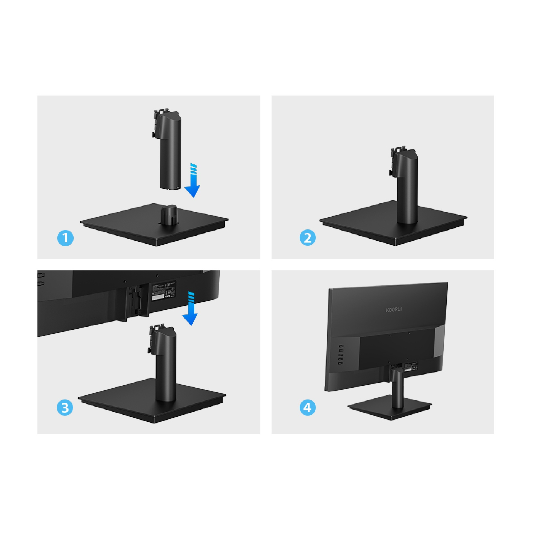 Anleitung zum Zusammenbau eines Monitorständers in vier Schritten.