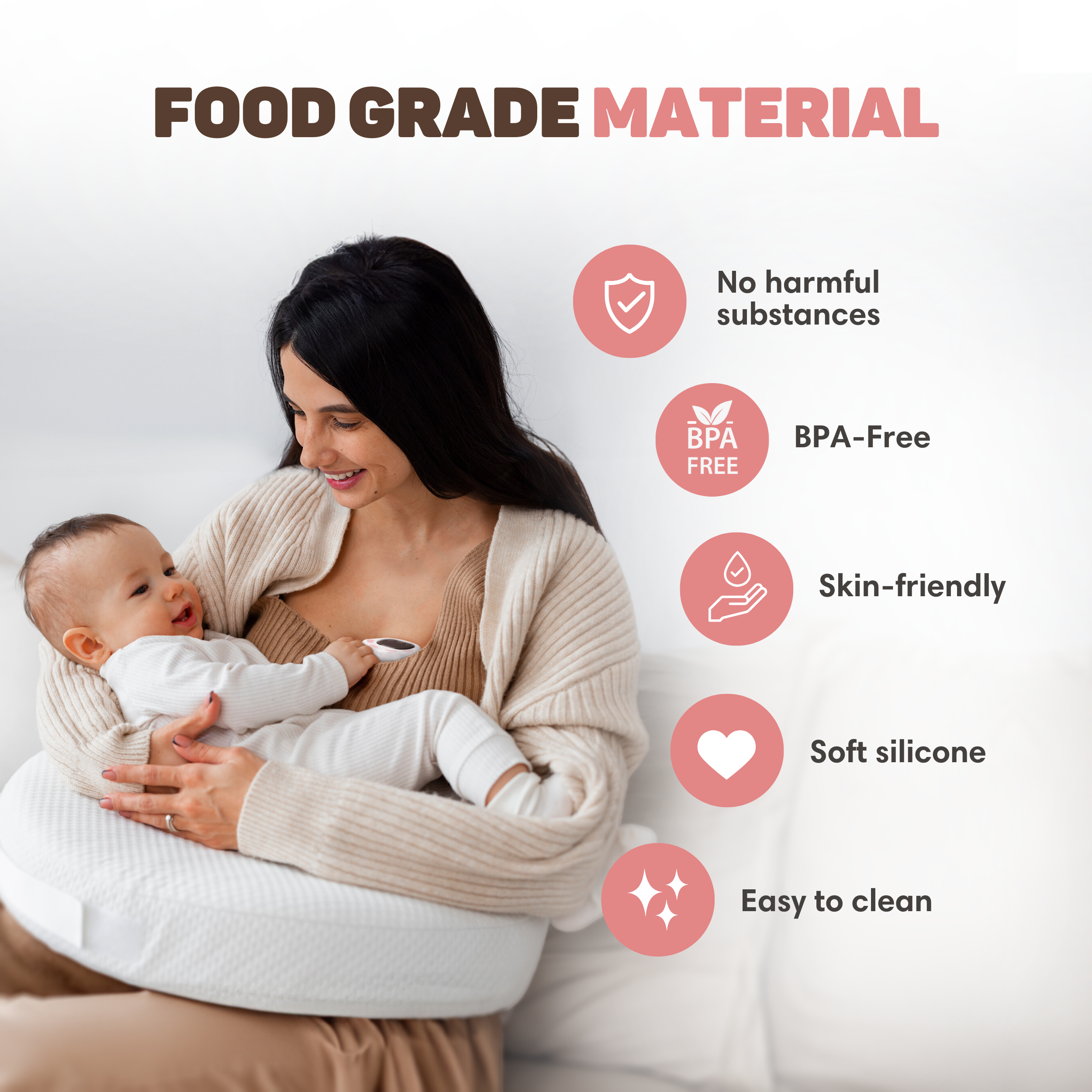Vrouw houdt baby vast. "FOOD GRADE MATERIAAL" met veiligheidspictogrammen.