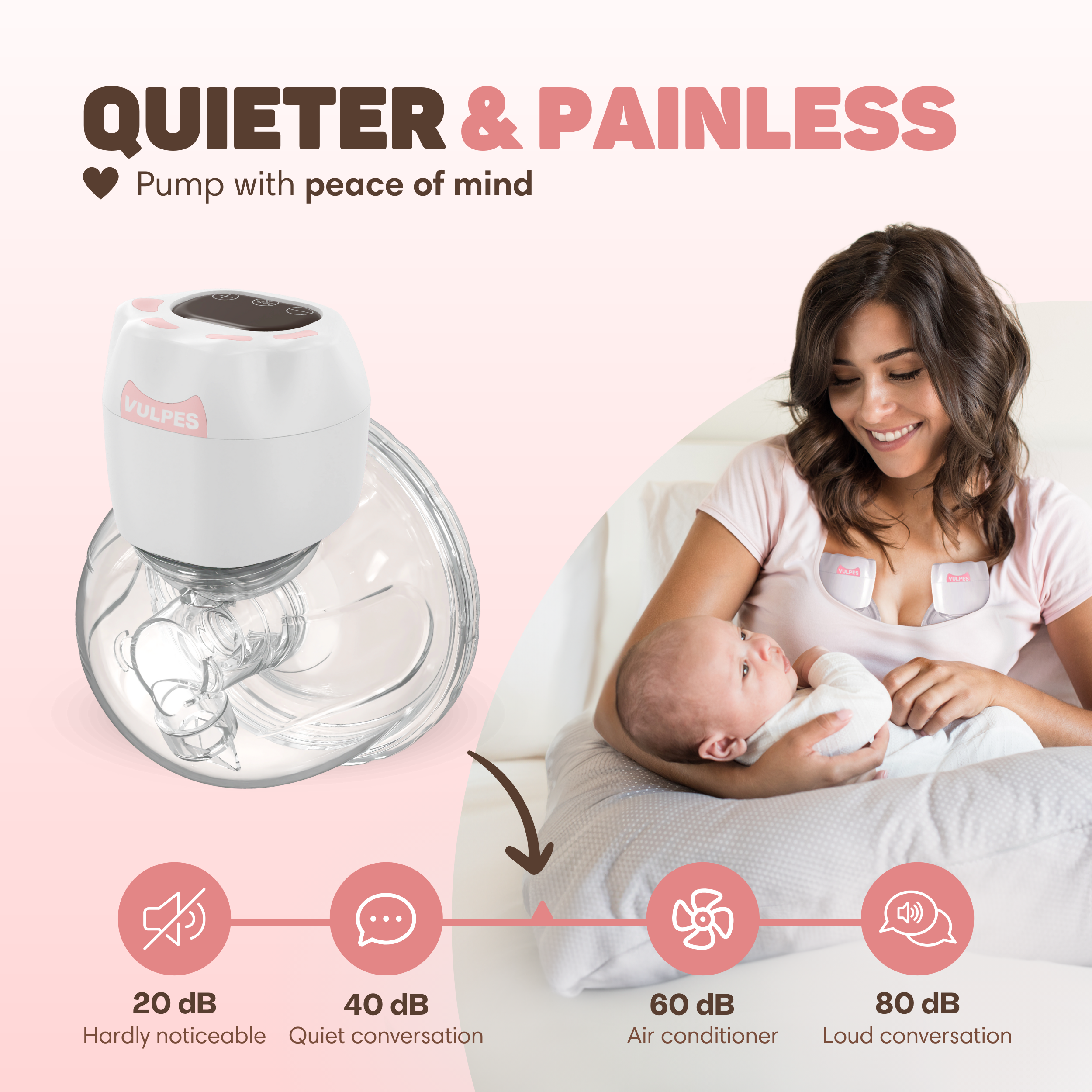 Een vrouw voedt haar baby, met een borstkolf die stiller is dan een airconditioner.